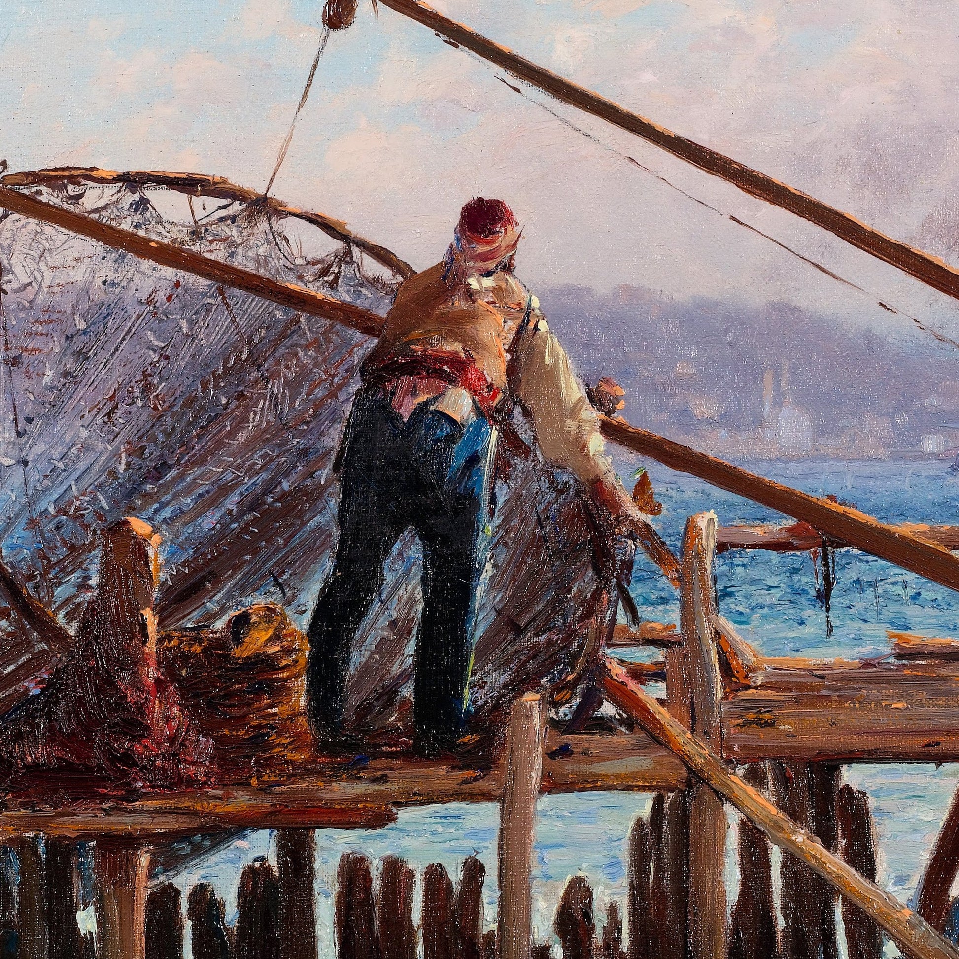 Fishermen Bringing in the Catch by Fausto Zonaro, 3d Printed with texture and brush strokes looks like original oil painting