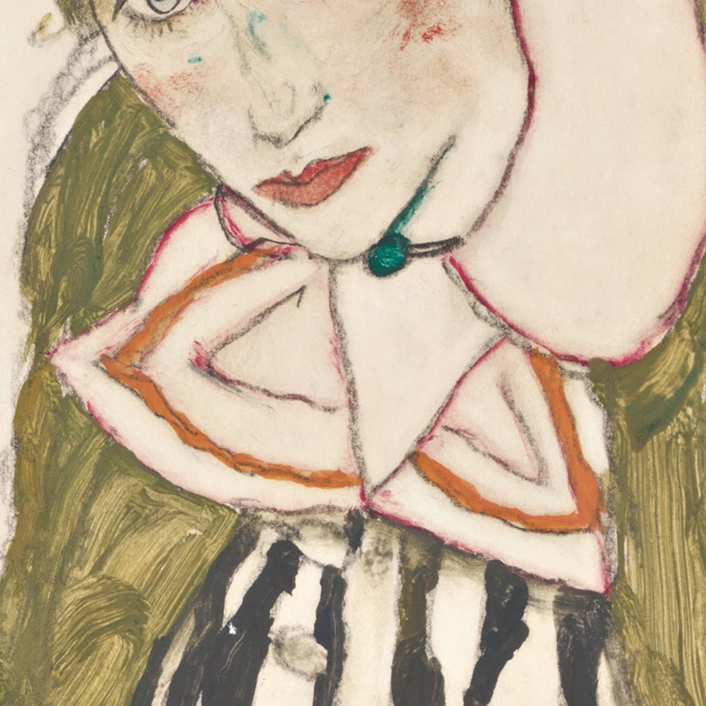 Egon Schiele Print: Edith with Striped Dress, 3D Textured Oil Painting