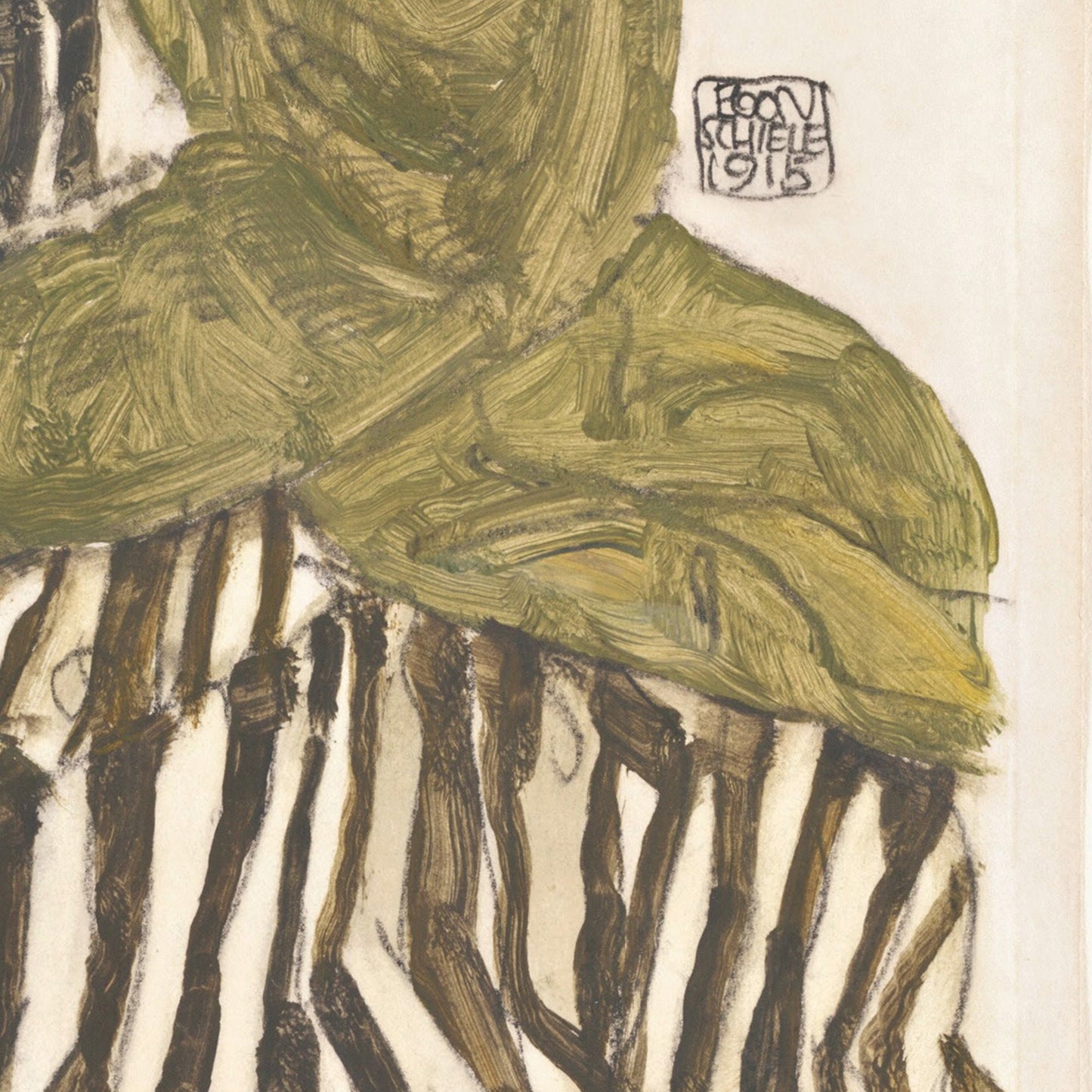 Egon Schiele Print: Edith with Striped Dress, 3D Textured Oil Painting