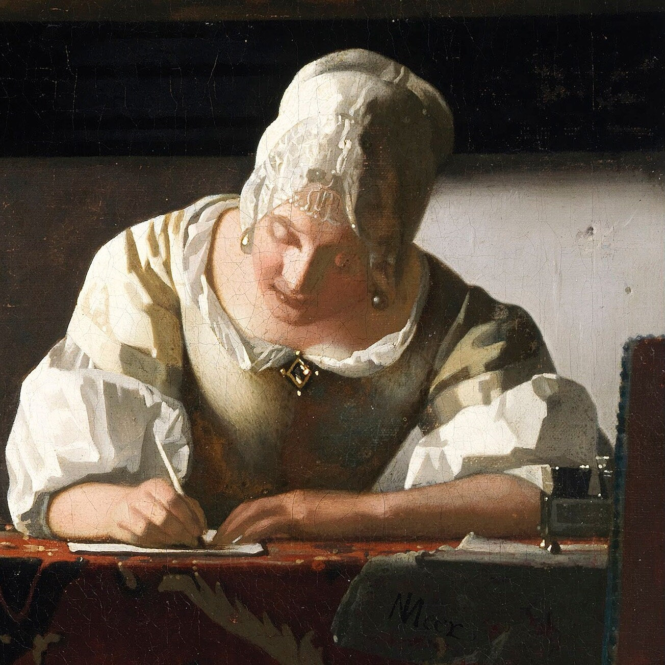 Woman Writing a Letter with her Maid by Johannes Vermeer, 3d Printed with texture and brush strokes looks like original oil painting