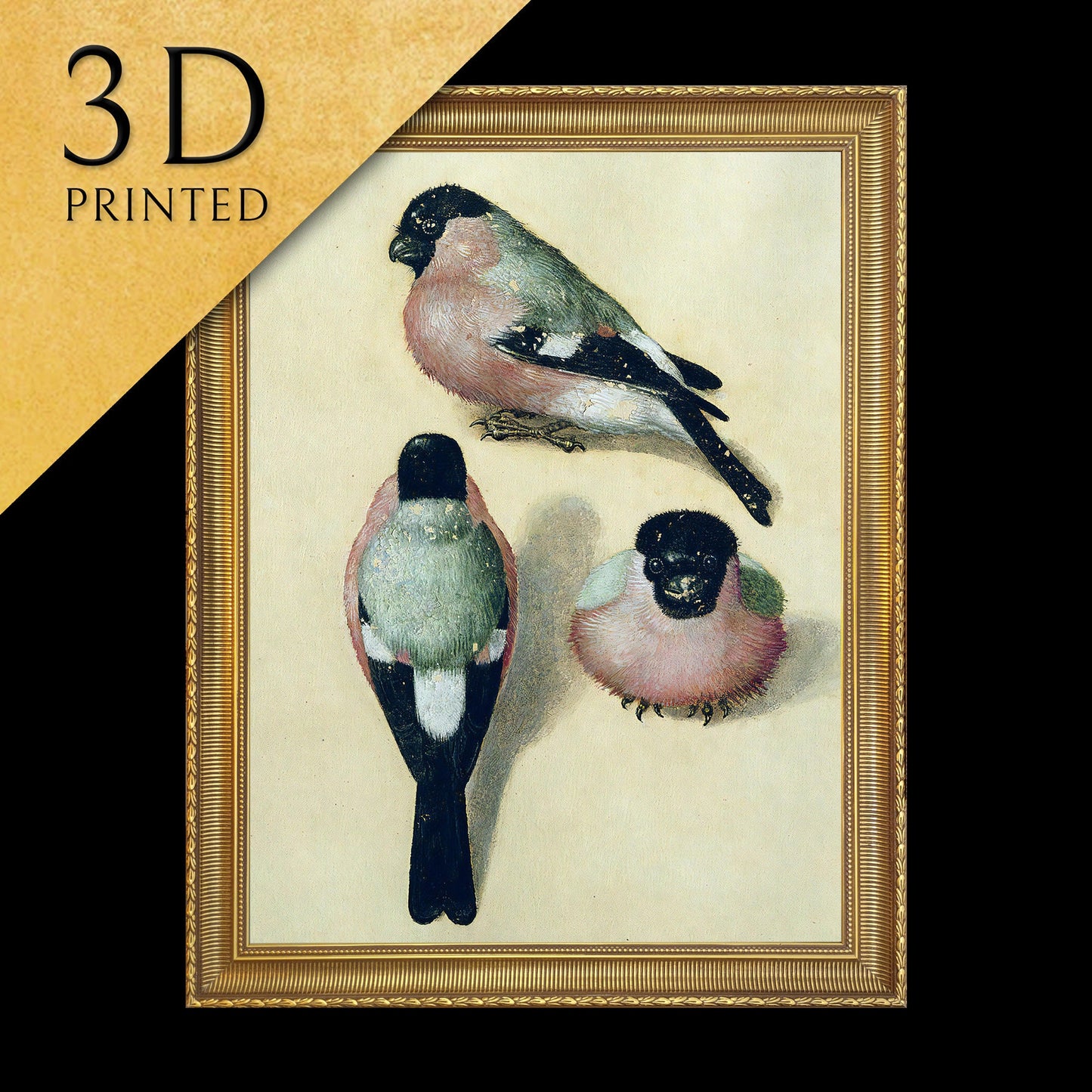 Three Studies of a Tree Bullfinch by Albrecht Dürer, 3d Printed with texture and brush strokes looks like original oil painting