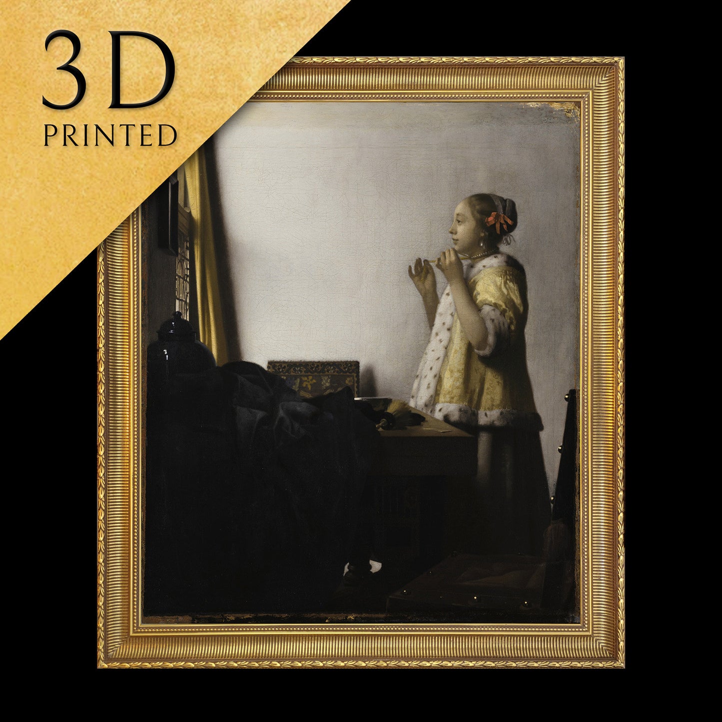 Young Woman with a Pearl Necklace by Johannes Vermeer, 3d Printed with texture and brush strokes looks like original oil painting