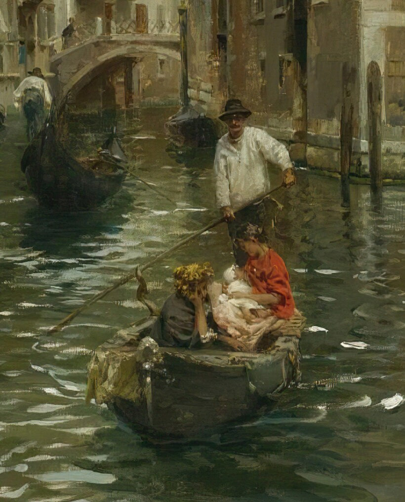 A Family Outing On A Venetian Canal by Rubens Santoro , 3d Printed with texture and brush strokes looks like original oil painting.