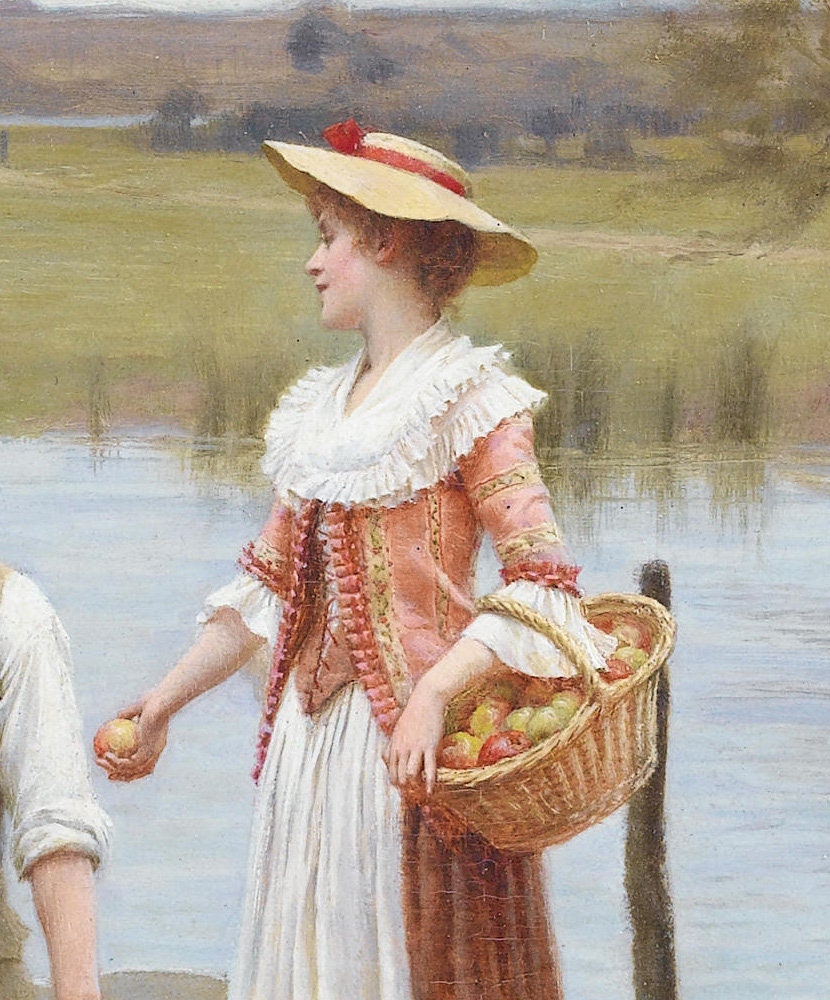 An apple for the boatman by Edmund Blair Leighton, 3d Printed with texture and brush strokes looks like original oil painting.