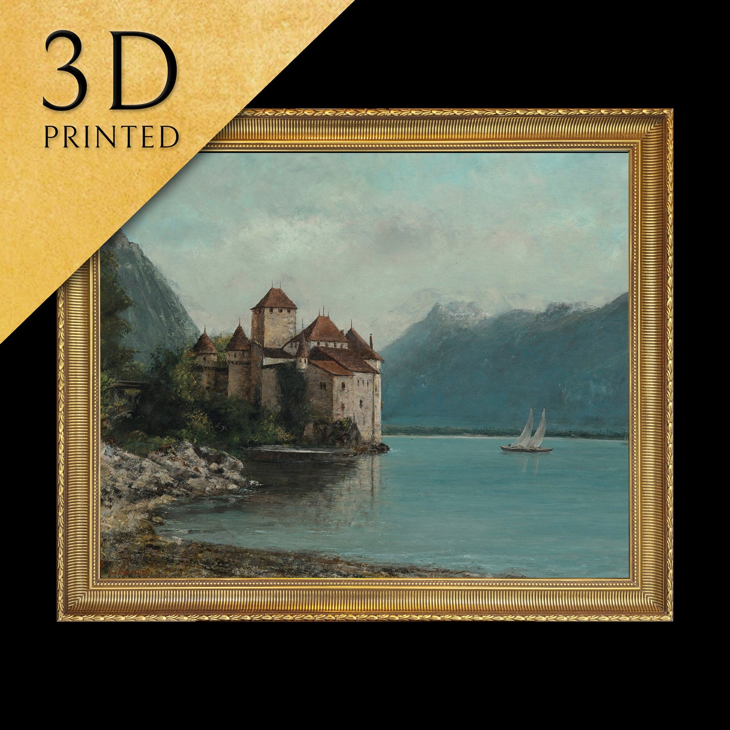 Le Chateau de Chillon, Lake Geneva by Gustave Courbet, 3d Printed with texture and brush strokes looks like original oil painting.