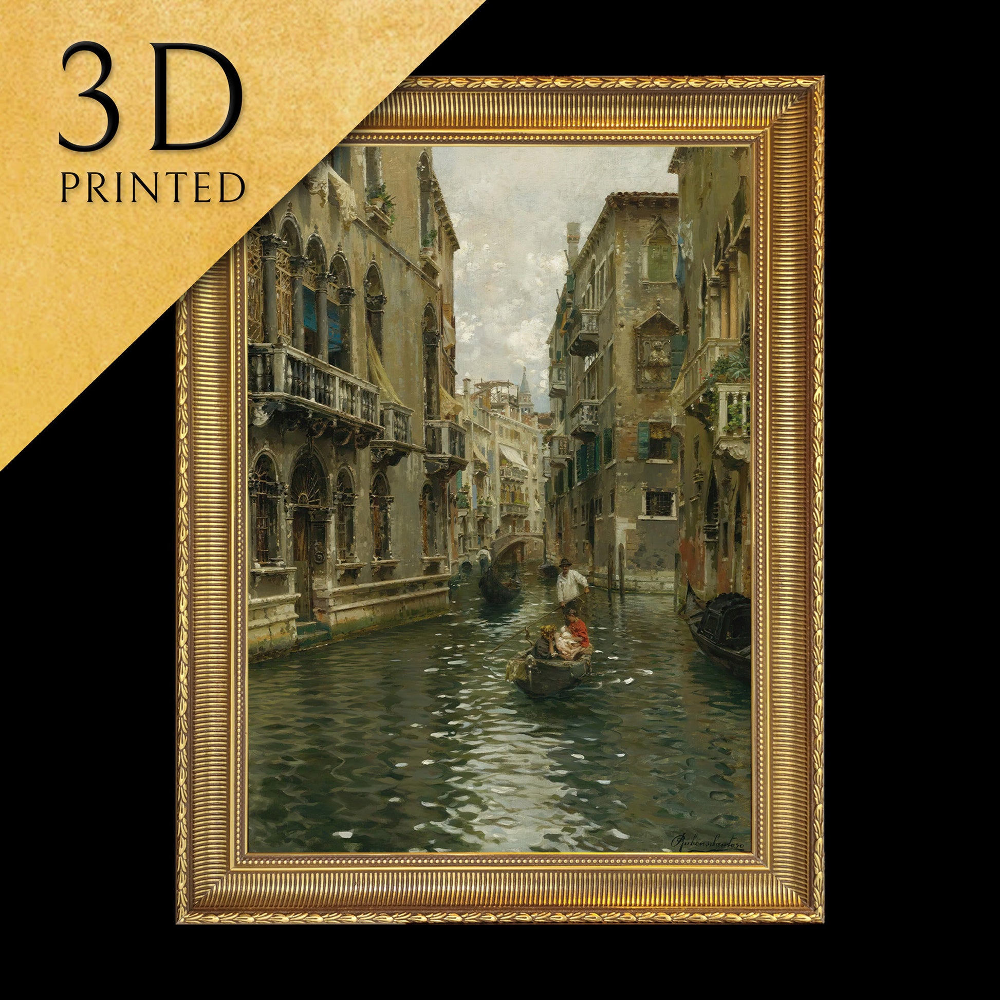 A Family Outing On A Venetian Canal by Rubens Santoro, 3d Printed with texture and brush strokes looks like original oil painting.