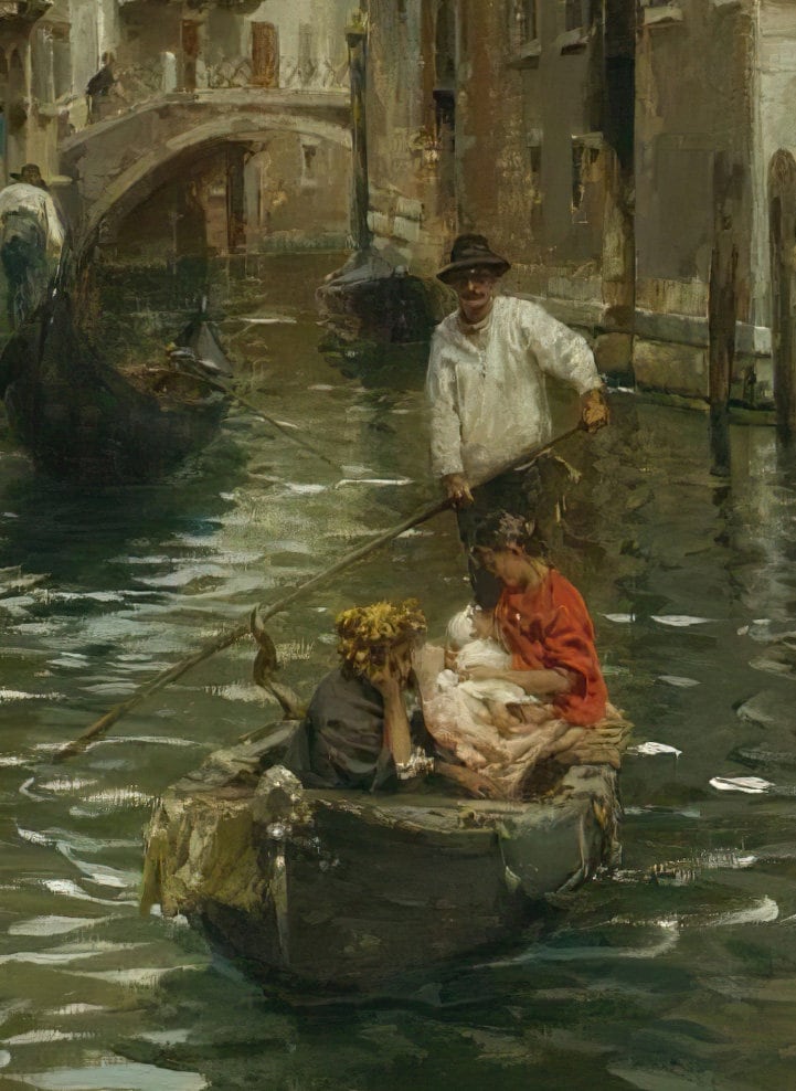 A Family Outing On A Venetian Canal by Rubens Santoro, 3d Printed with texture and brush strokes looks like original oil painting.