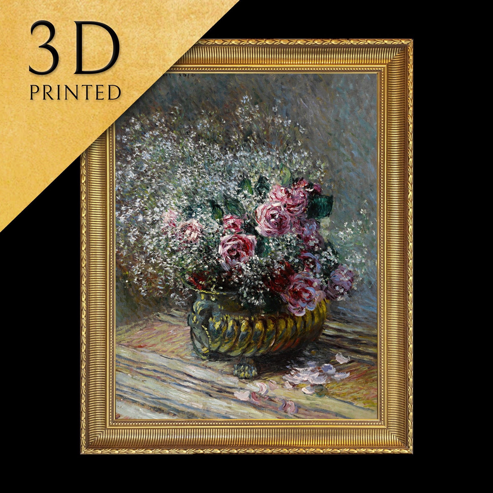 Fleurs dans un pot (Roses et brouillard) by Cloude Monet, 3d Printed with texture and brush strokes looks like original oil painting.