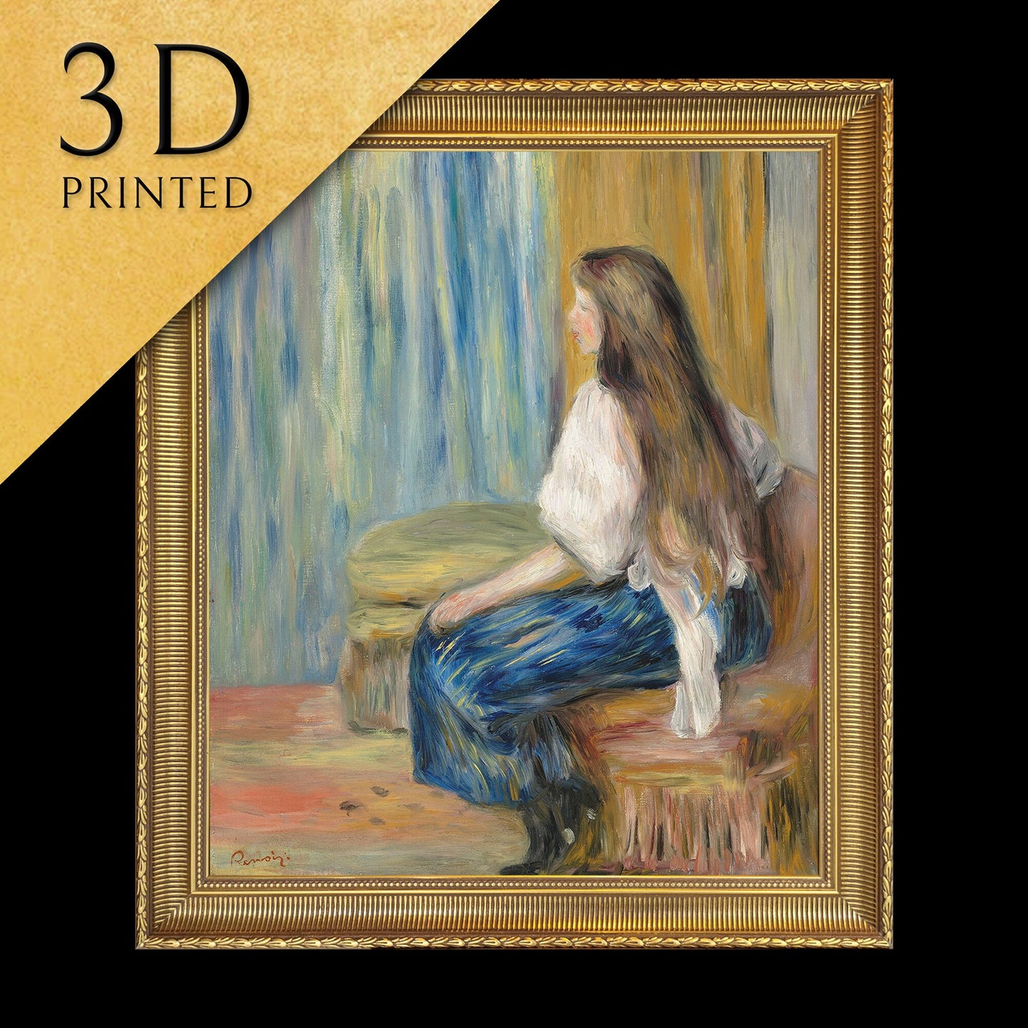 Femme aux longs cheveux by Pierre Auguste Renoir, 3d Printed with texture and brush strokes looks like original oil painting