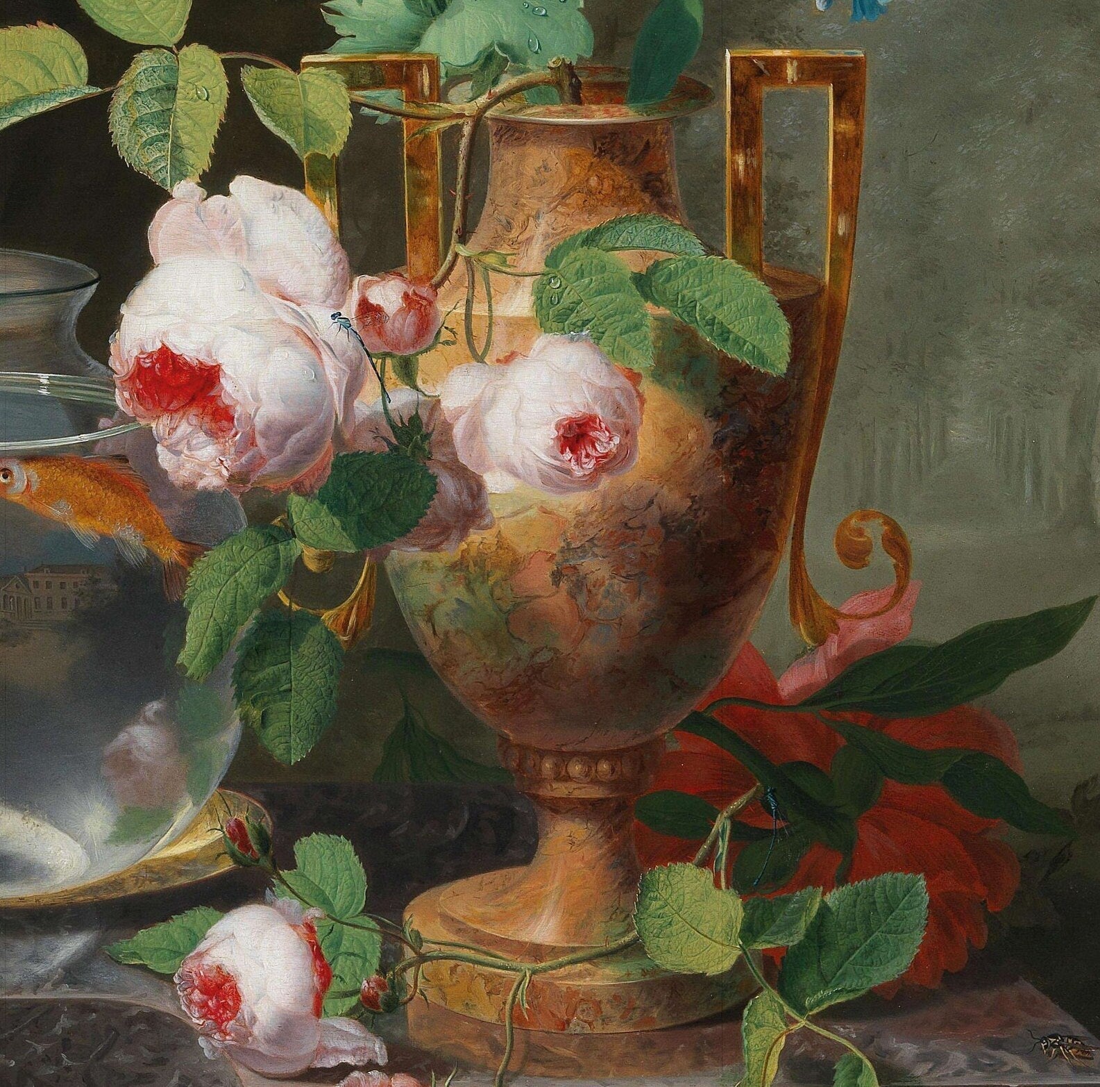 With Flowers In A Vase And Goldfish Bowl by Jean Baptiste Berré, 3d Printed with texture and brush strokes looks like original oil painting