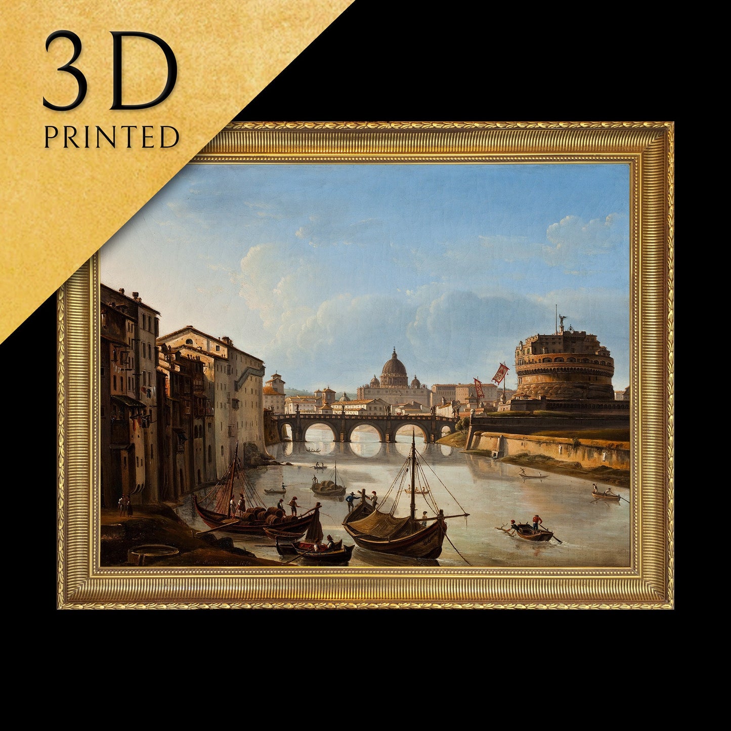 View Of The Tiber In Rome by Michelangelo Unterberger, 3d Printed with texture and brush strokes looks like original oil painting