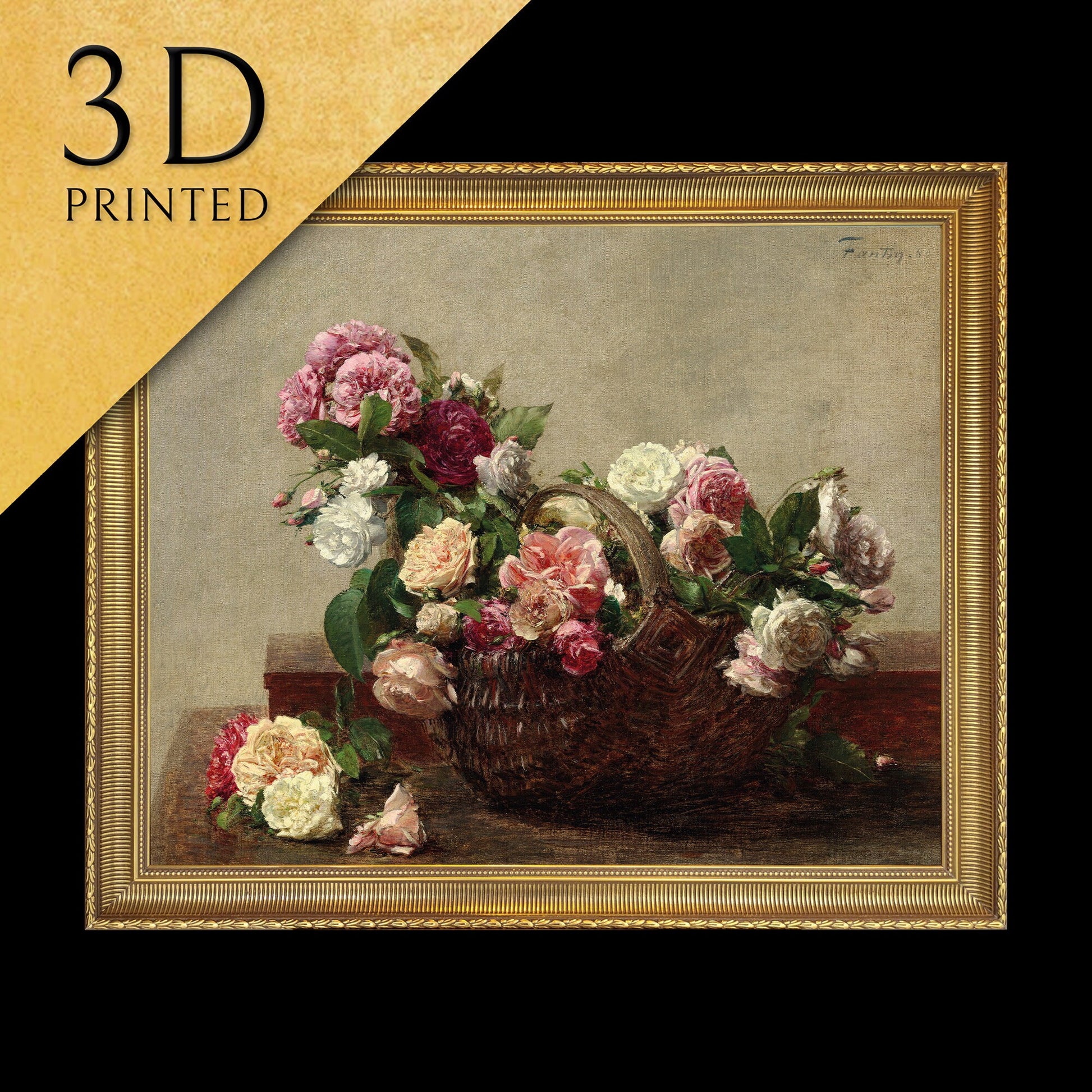 Panier de roses by Henri Fantin-Latour, 3d Printed with texture and brush strokes looks like original oil painting