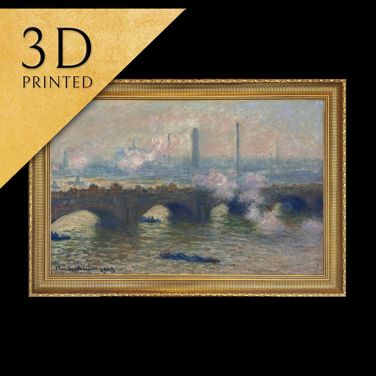 Waterloo Bridge, Gray Day by Claude Monet, 3d Printed with texture and brush strokes looks like original oil painting.