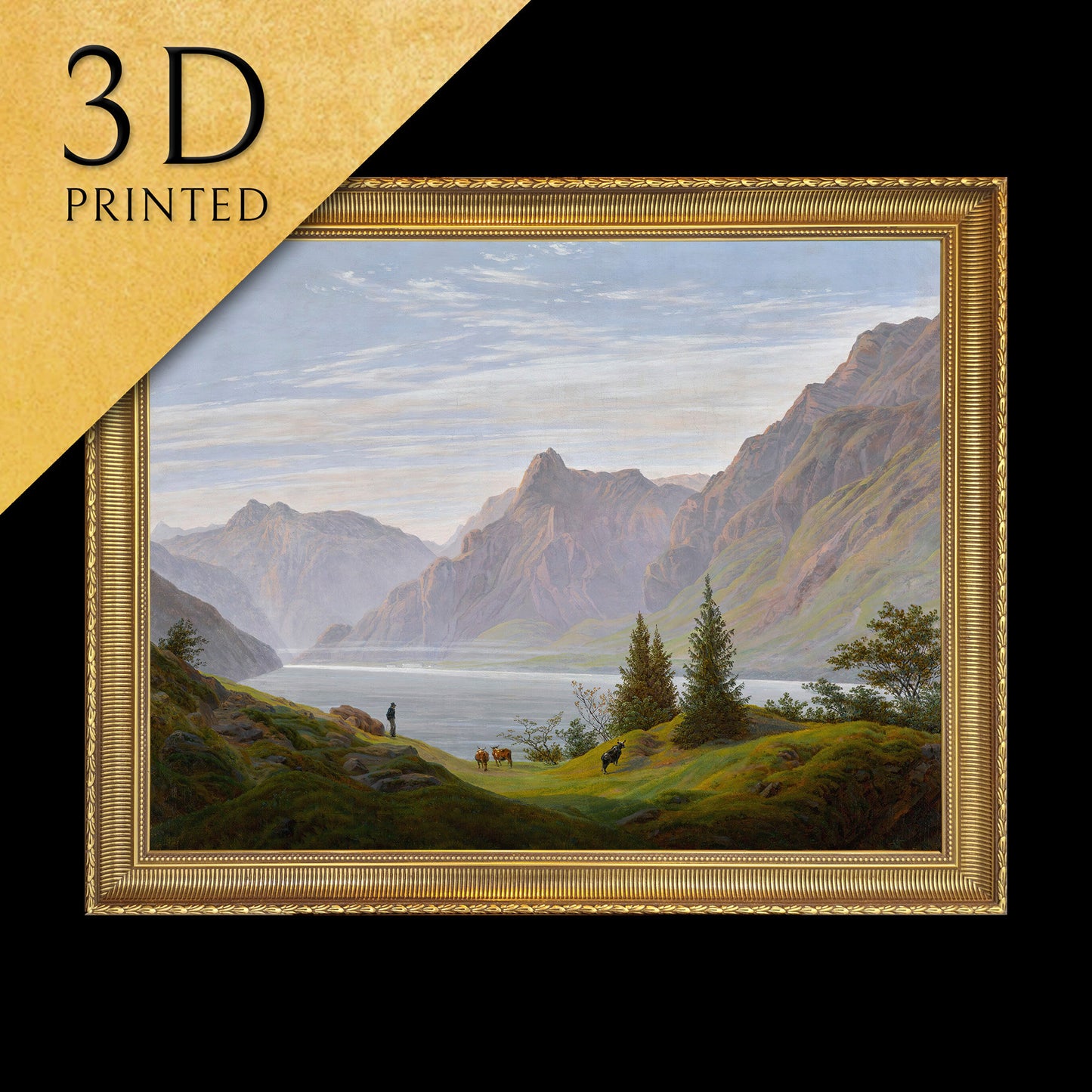 Landschaft mit Gebirgsee,Morgen by Caspar David Friedrich, 3d Printed with texture and brush strokes looks like original oilpainting.