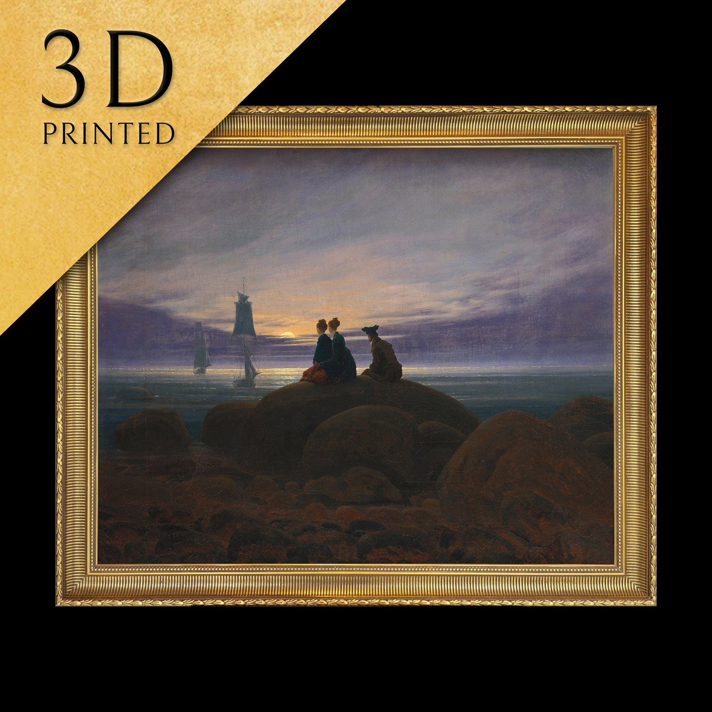 Moonrise over the Sea by Caspar David Friedrich, 3d Printed with texture and brush strokes looks like original oil painting.