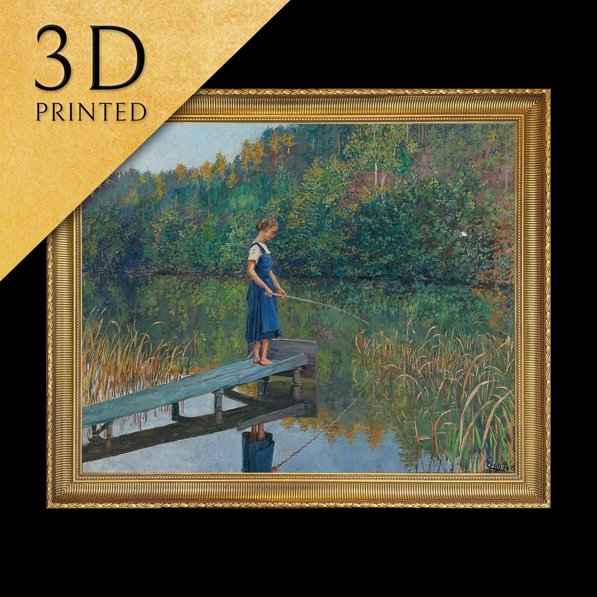 A Girl on a Jetty, fishing - by Josef Engelhart,3d Printed with texture and brush strokes looks like original oil painting.