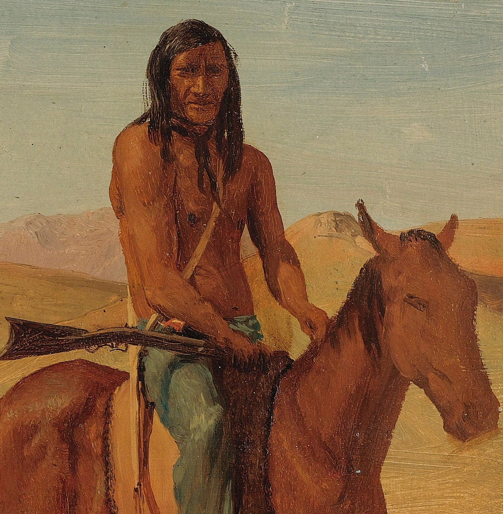 Albert Bierstadt Print: Trapper and Indian Guide on Horseback - 3D Textured Art