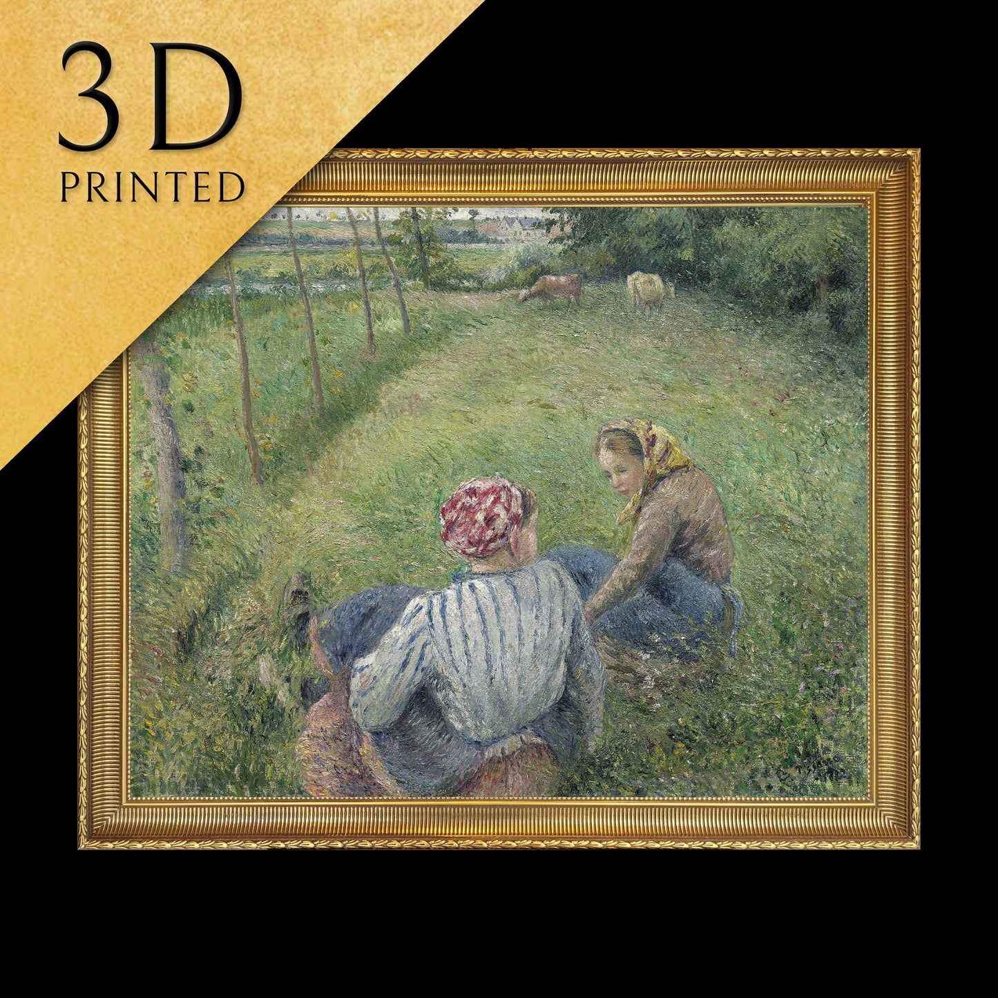 Young Peasant Girls Resting - by Camille Pissarro, 3d Printed with texture and brush strokes looks like original oil painting.