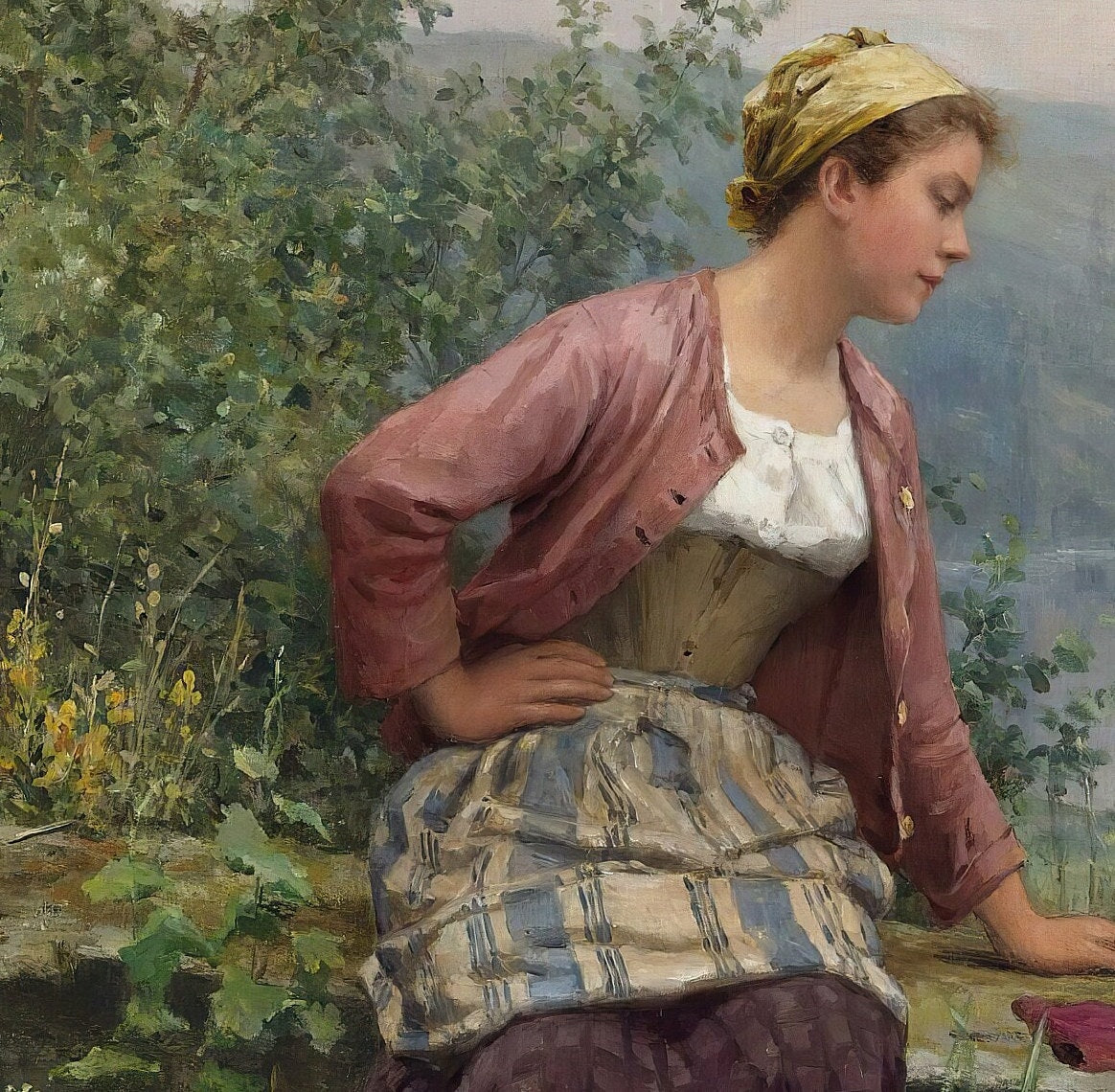 Brittany Girl Overlooking A Stream by Daniel Ridgway Knight, 3d Printed with texture and brush strokes looks like original oilpainting.