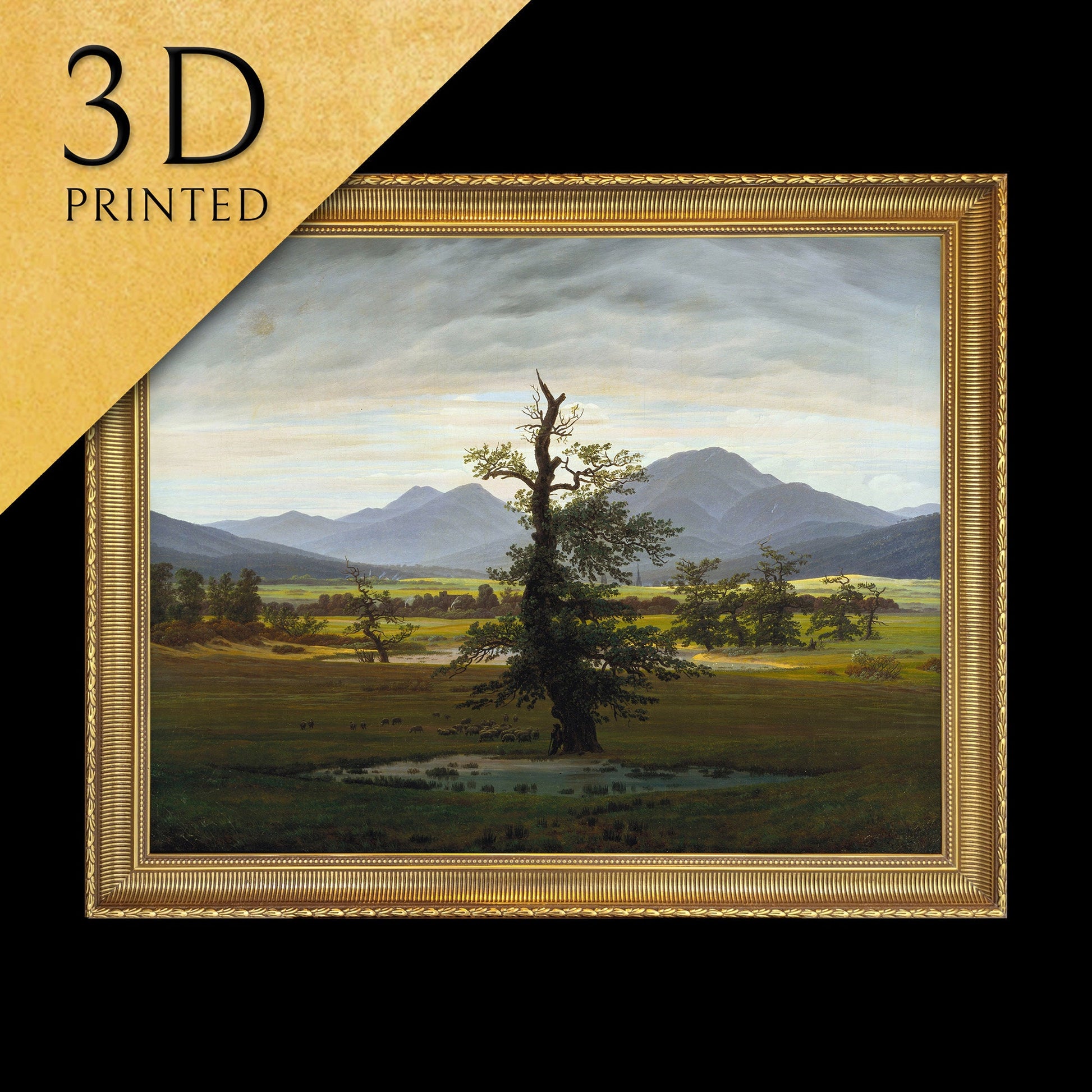 Village Landscape, The Lone Tree by Caspar David Friedrich, 3d Printed with texture and brush strokes looks like original oil painting.