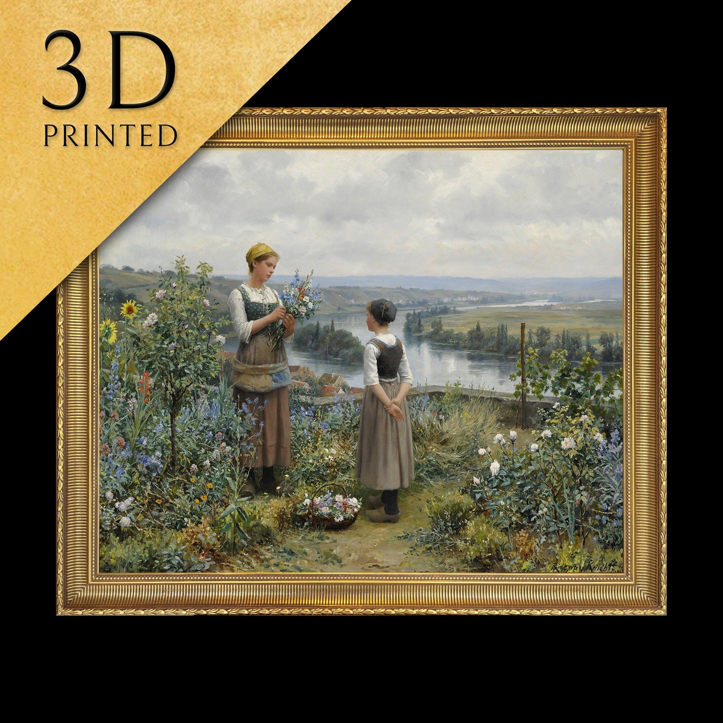 Picking Flowers by Daniel Knight, 3d Printed with texture and brush strokes looks like original oil painting , high realistic printing