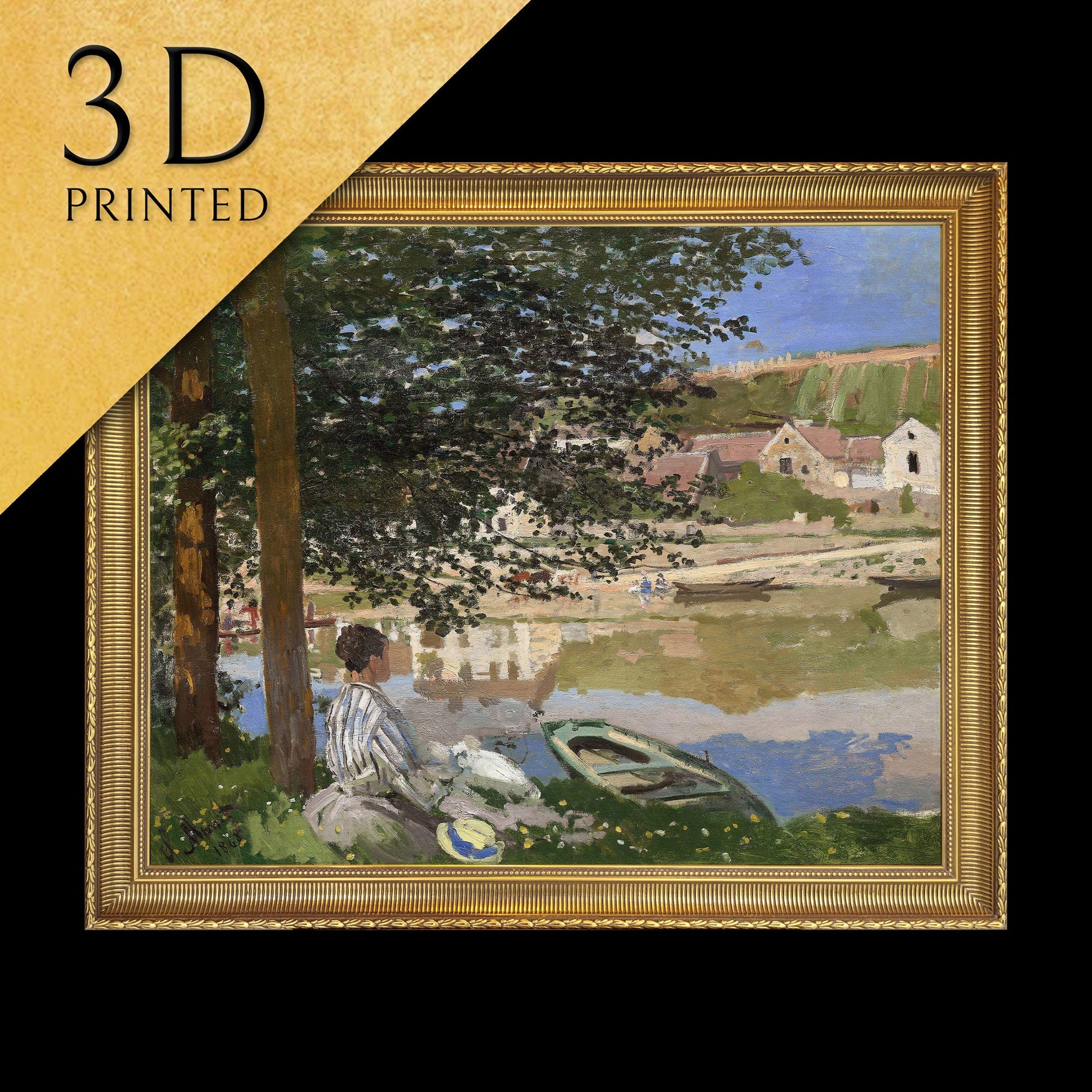 On the Bank of the Seine by Claude Monet, 3d Printed with texture and brush strokes looks like original oil painting