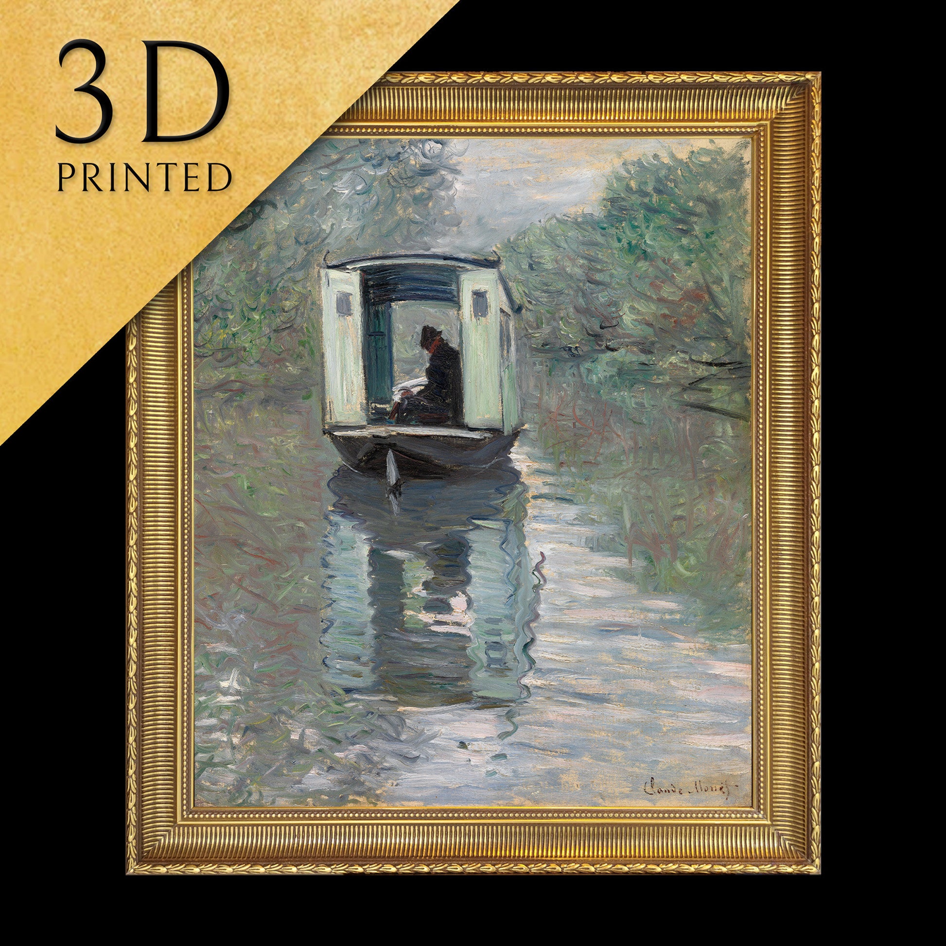 The Studio Boatcby Cloude Monet, 3d Printed with texture and brush strokes looks like original oil painting.