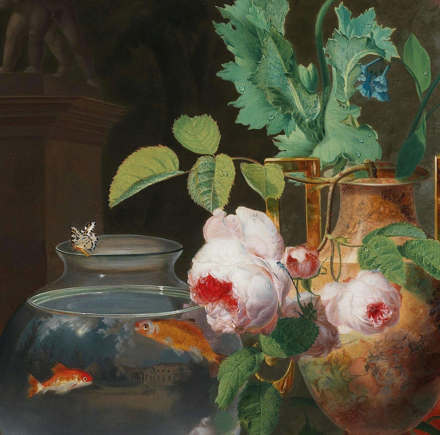 With Flowers In A Vase And Goldfish Bowl by Jean Baptiste Berré, 3d Printed with texture and brush strokes looks like original oil painting