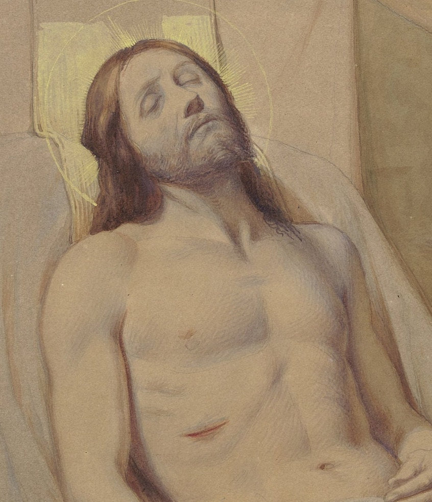 Eduard von Steinle Print: Mourning Angel, Christ in Grave, 3D Texture