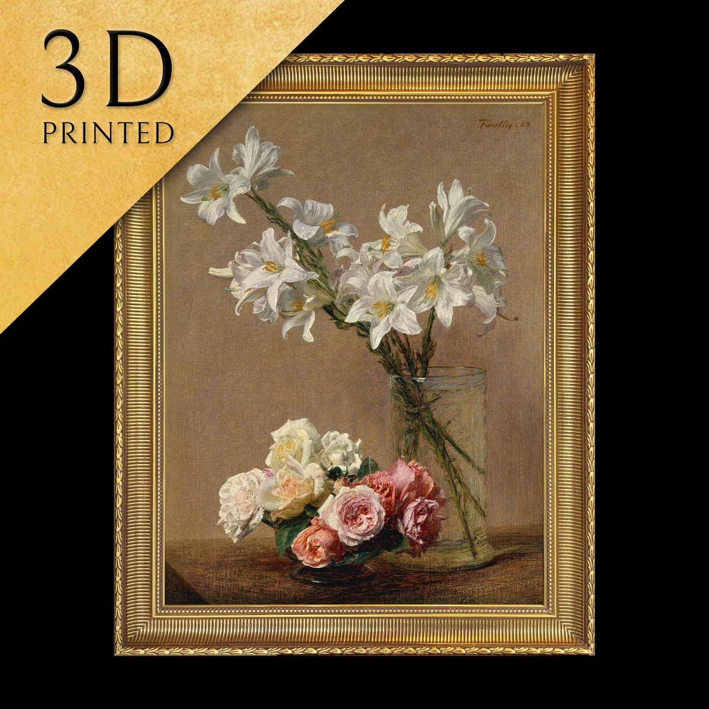 Roses and Lilies by Henri Fantin Latour, 3d Printed with texture and brush strokes looks like original oil painting