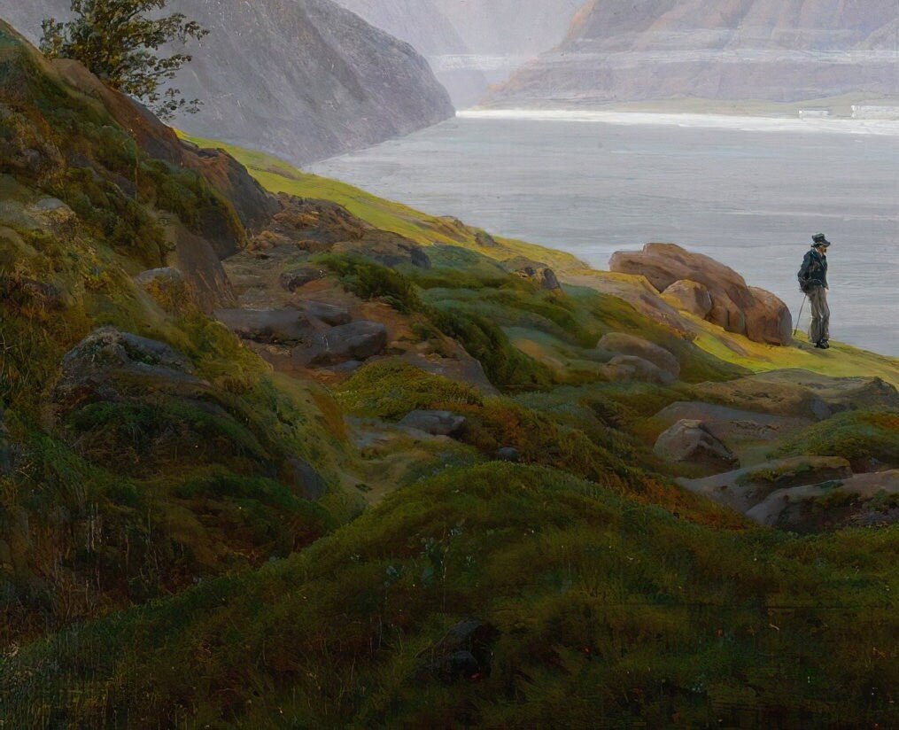 Landschaft mit Gebirgsee,Morgen by Caspar David Friedrich, 3d Printed with texture and brush strokes looks like original oilpainting.