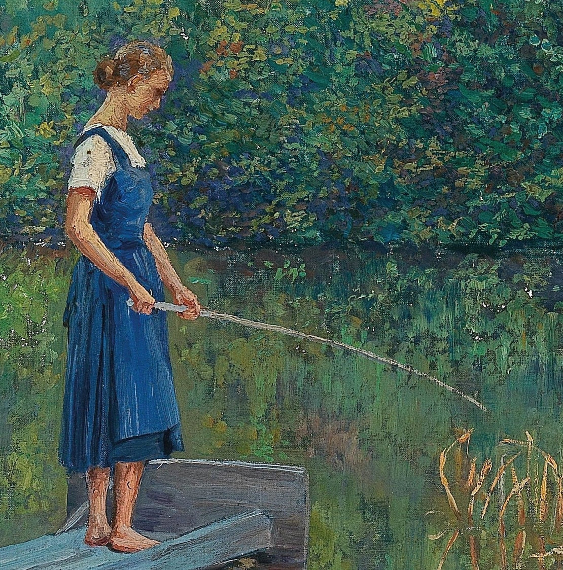 Josef Engelhart Painting: Girl Fishing on Jetty, 3D Textured Print