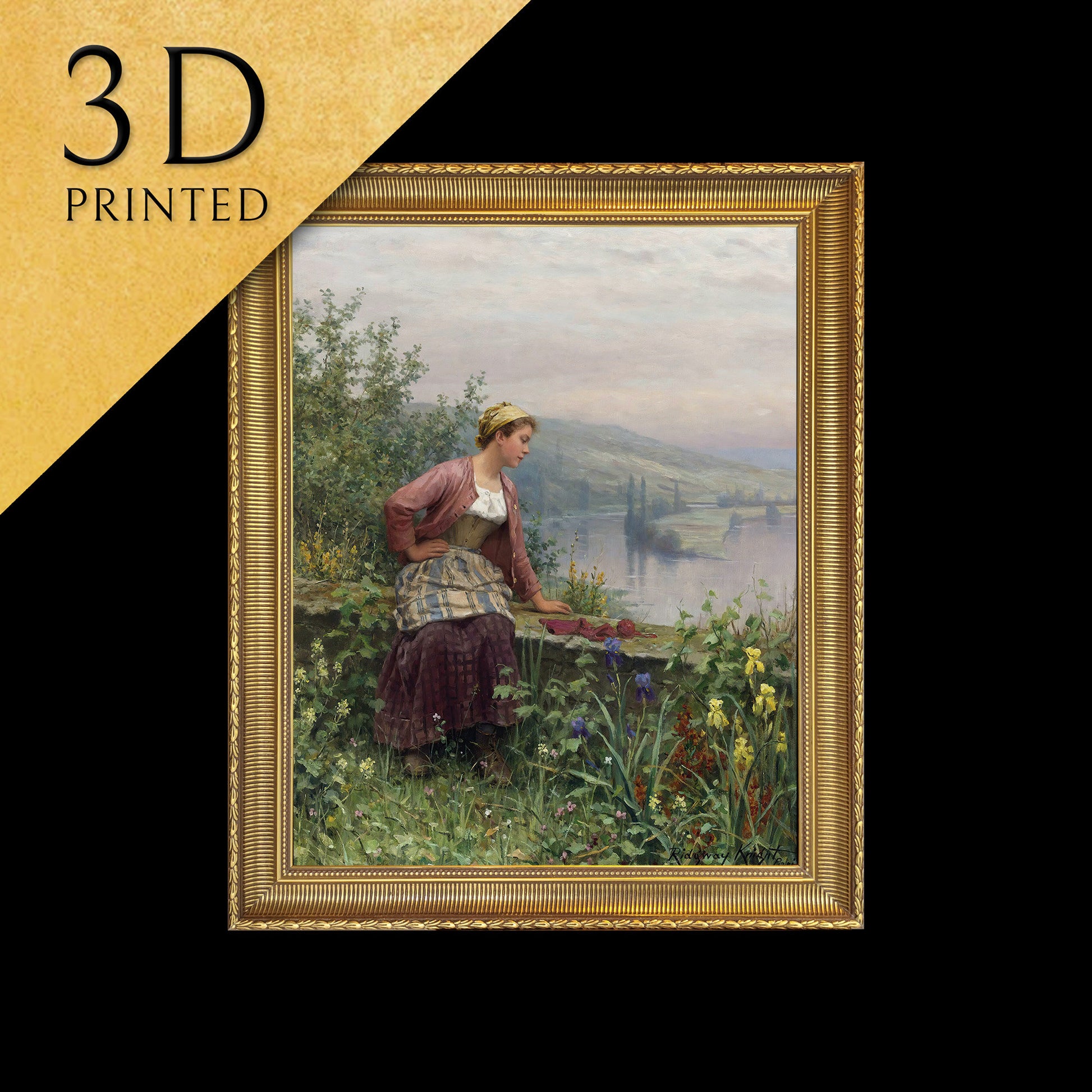 Brittany Girl Overlooking A Stream by Daniel Ridgway Knight, 3d Printed with texture and brush strokes looks like original oilpainting.