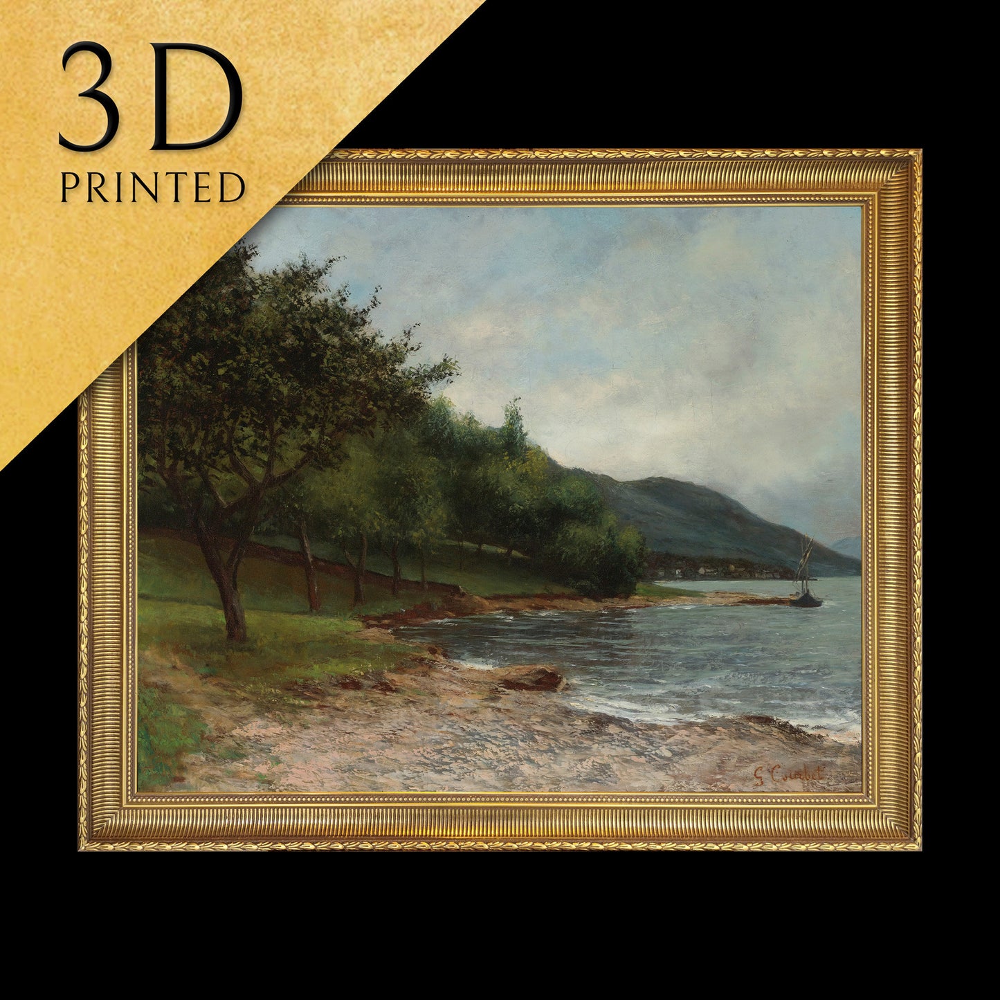 Rive Du Lac by Gustave Courbet, 3d printed with texture and brush strokes looks like original oil painting, high realistic printing.