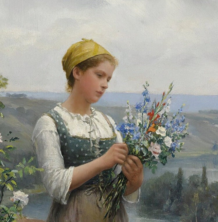 Picking Flowers by Daniel Knight, 3d Printed with texture and brush strokes looks like original oil painting , high realistic printing