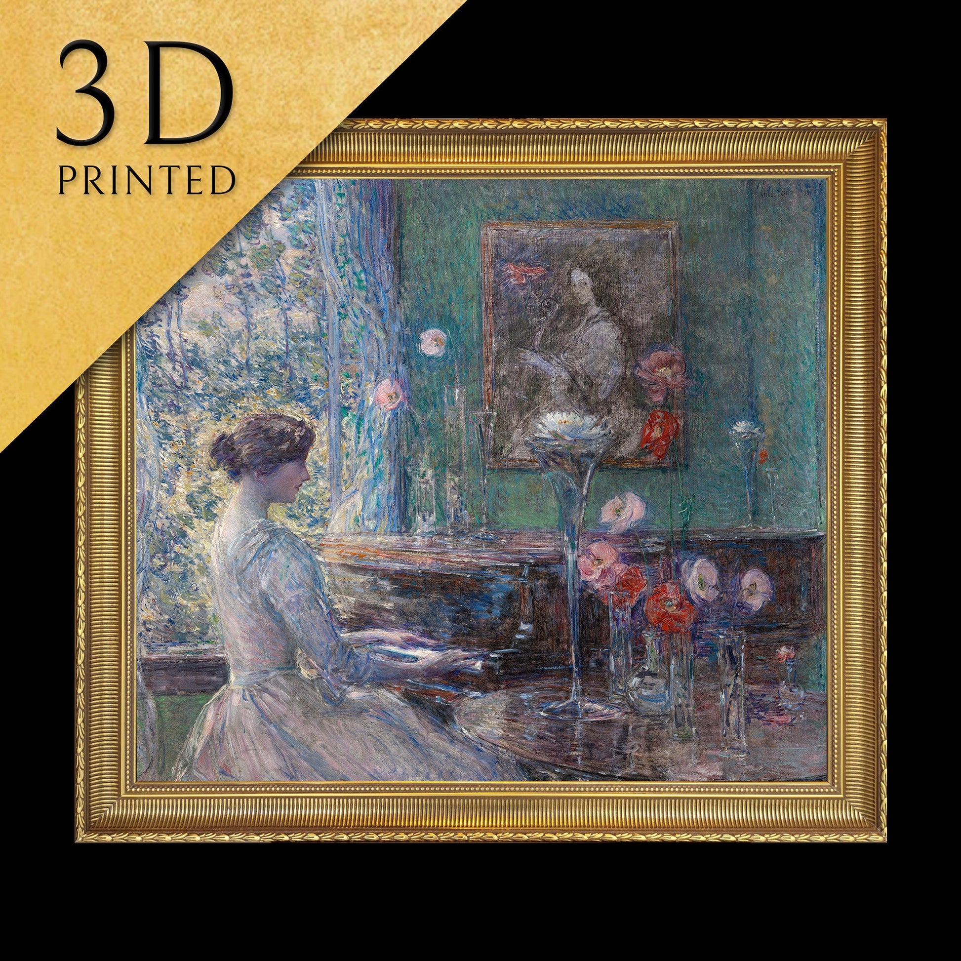 Improvisation by Childe Hassam, 3d Printed with texture and brush strokes looks like original oil painting, high realistic printing