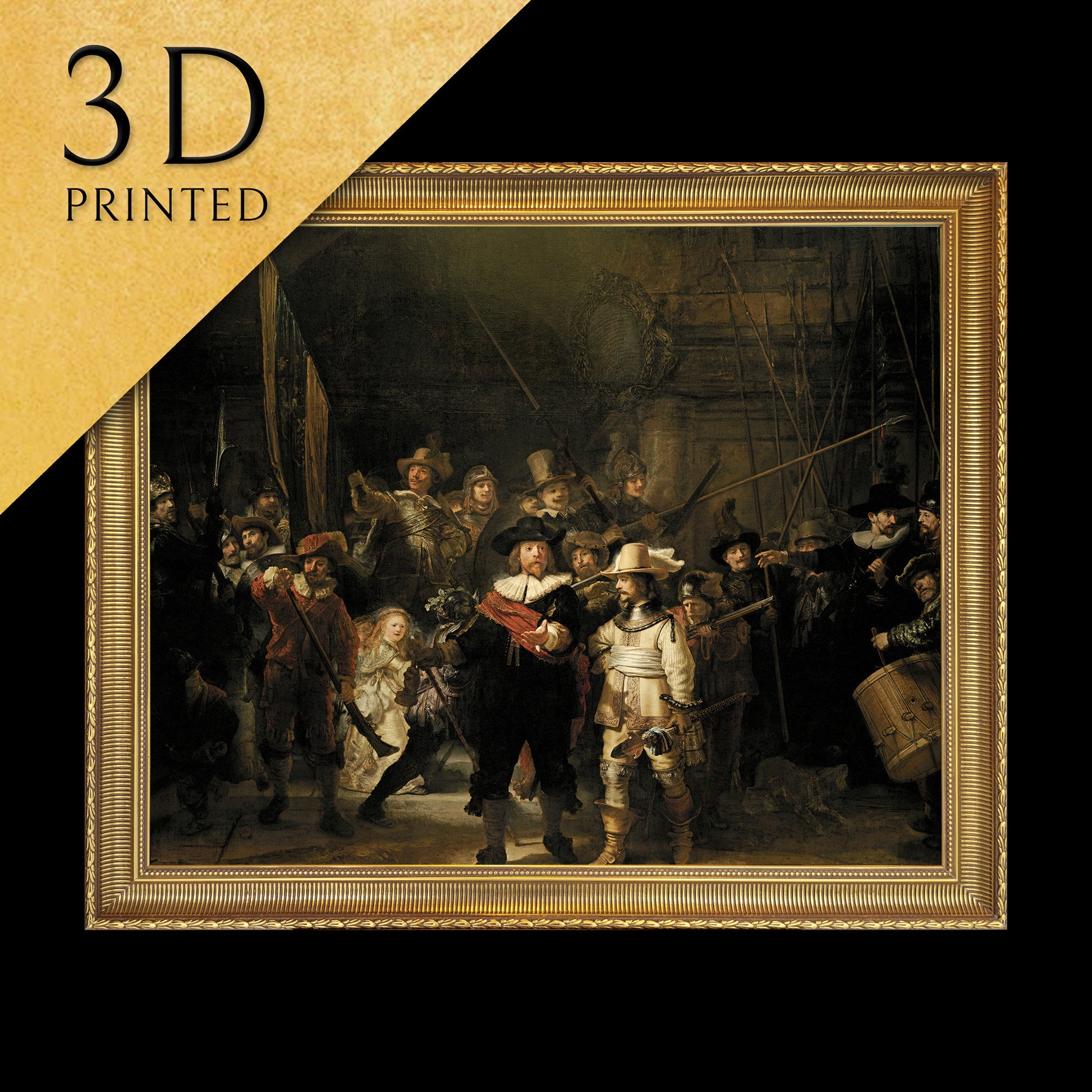 The Night Watch with Alpilles by Rembrant, 3d Printed with texture and brush strokes looks like original oil painting