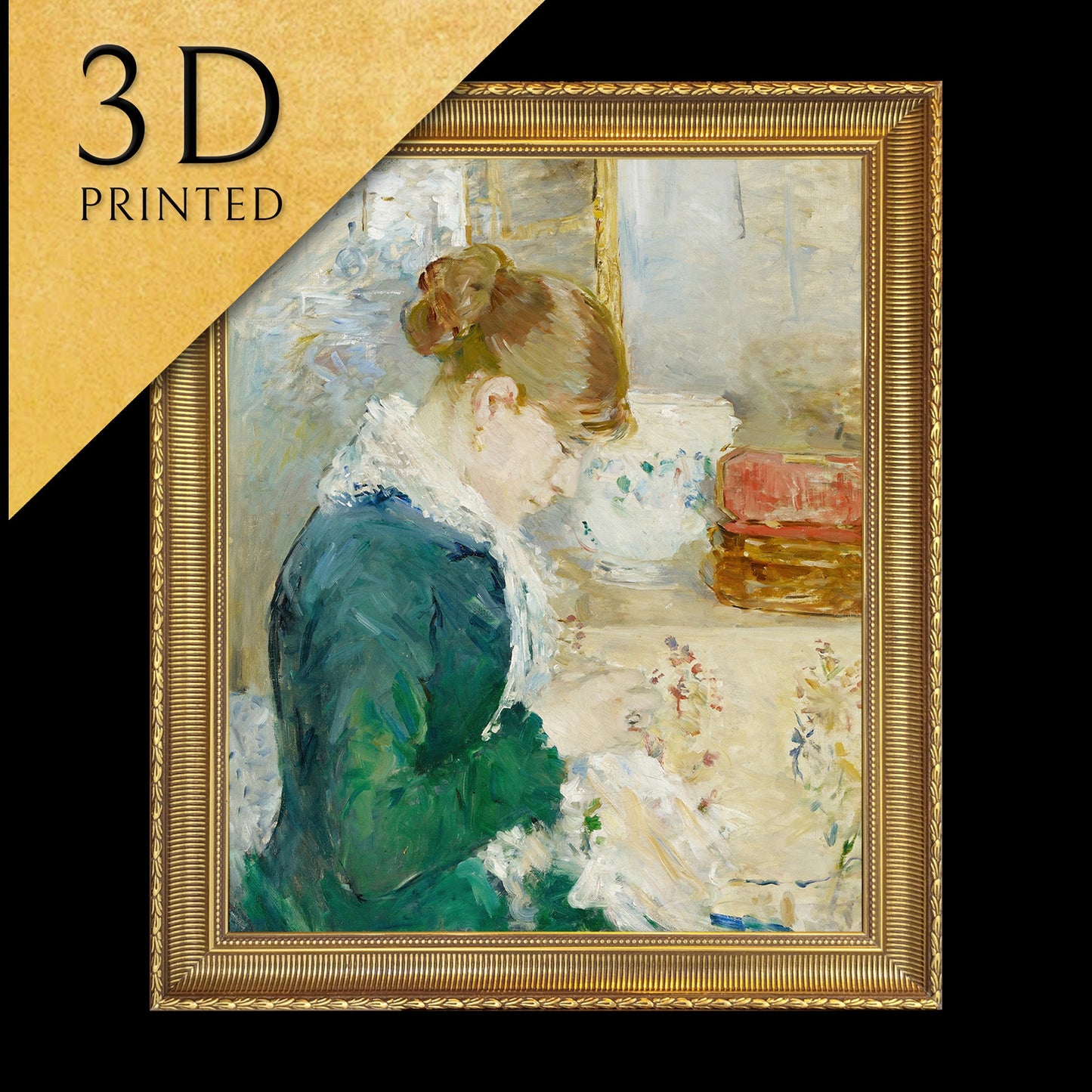 Femme cousant, Woman Sewing by Berthe Morisot, 3d Printed with texture and brush strokes looks like original oil painting