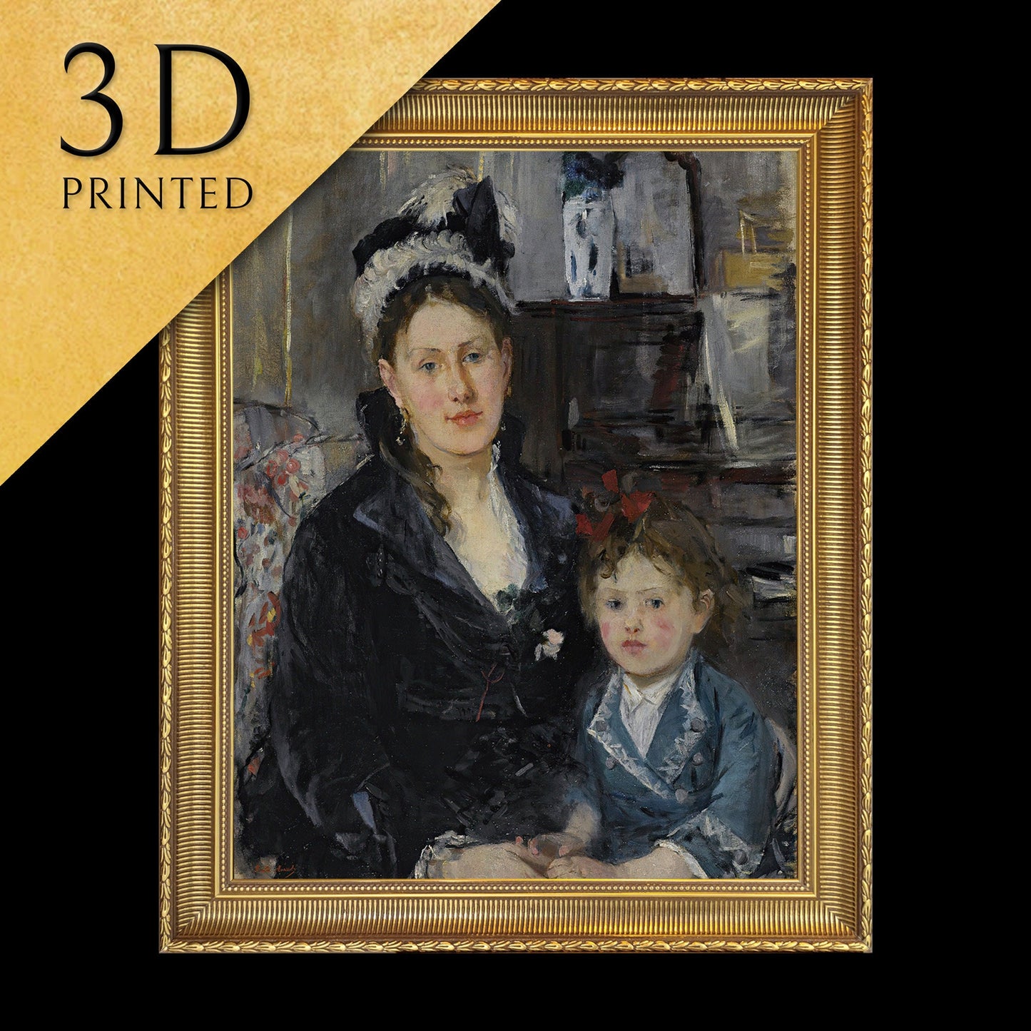 Portrait of Mme Boursier And Her Daughter by Berthe Morisot, 3d Printed with texture and brush strokes looks like original oil painting