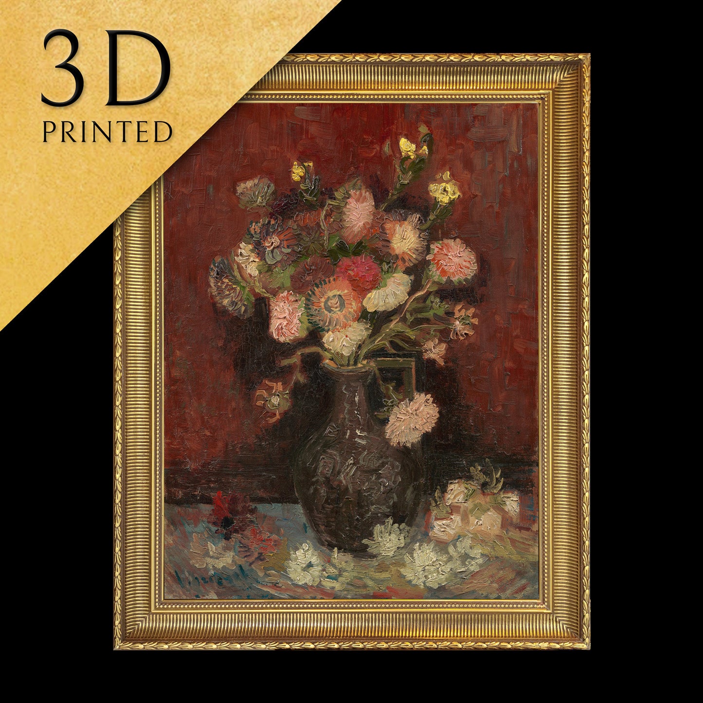 Vase With Chinese Asters and Gladioli by Van Gogh, 3d Printed with texture and brush strokes looks like original oil painting.