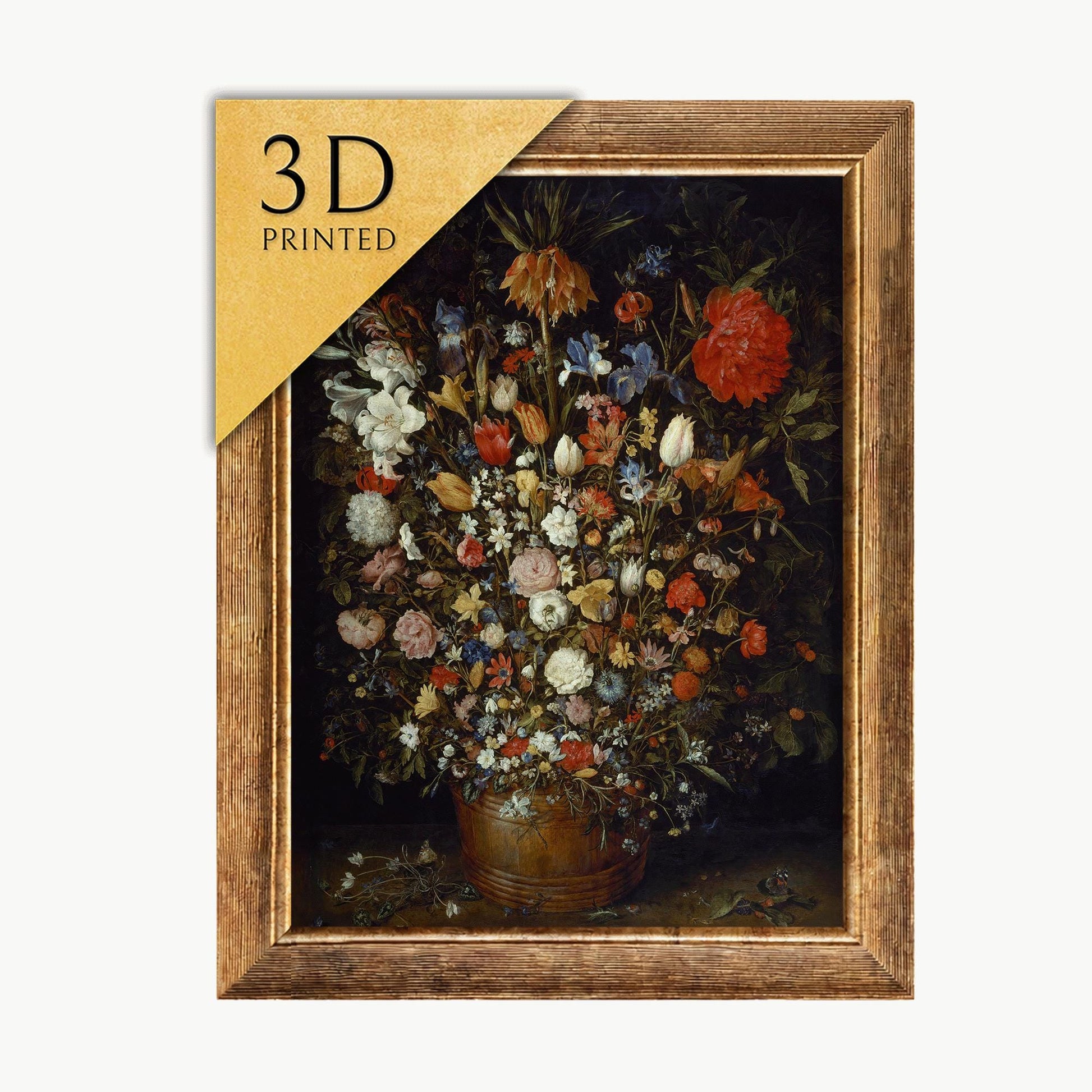 Jan Brueghel Flowers in Wooden Vessel: 3D Textured Print