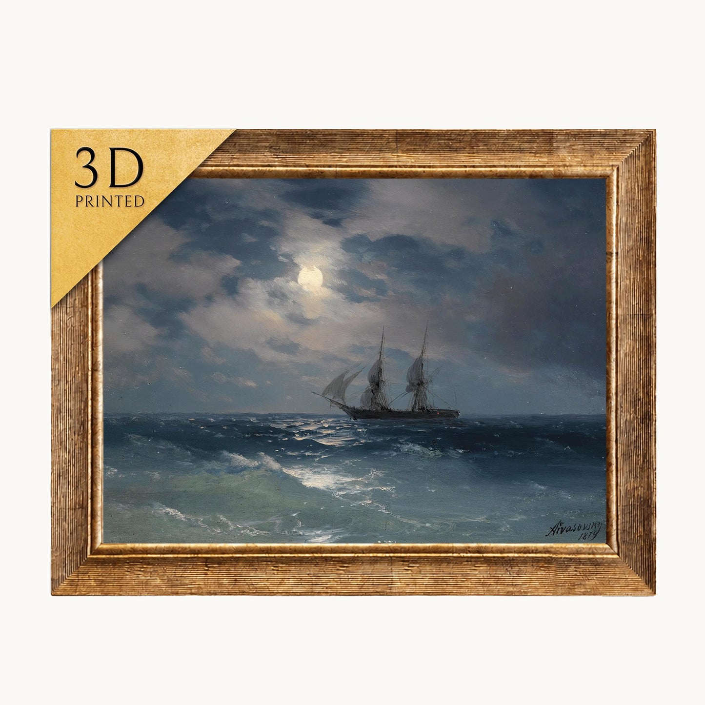 Aivazovsky Moonlight Seascape: Brig Mercury 3D Textured Print