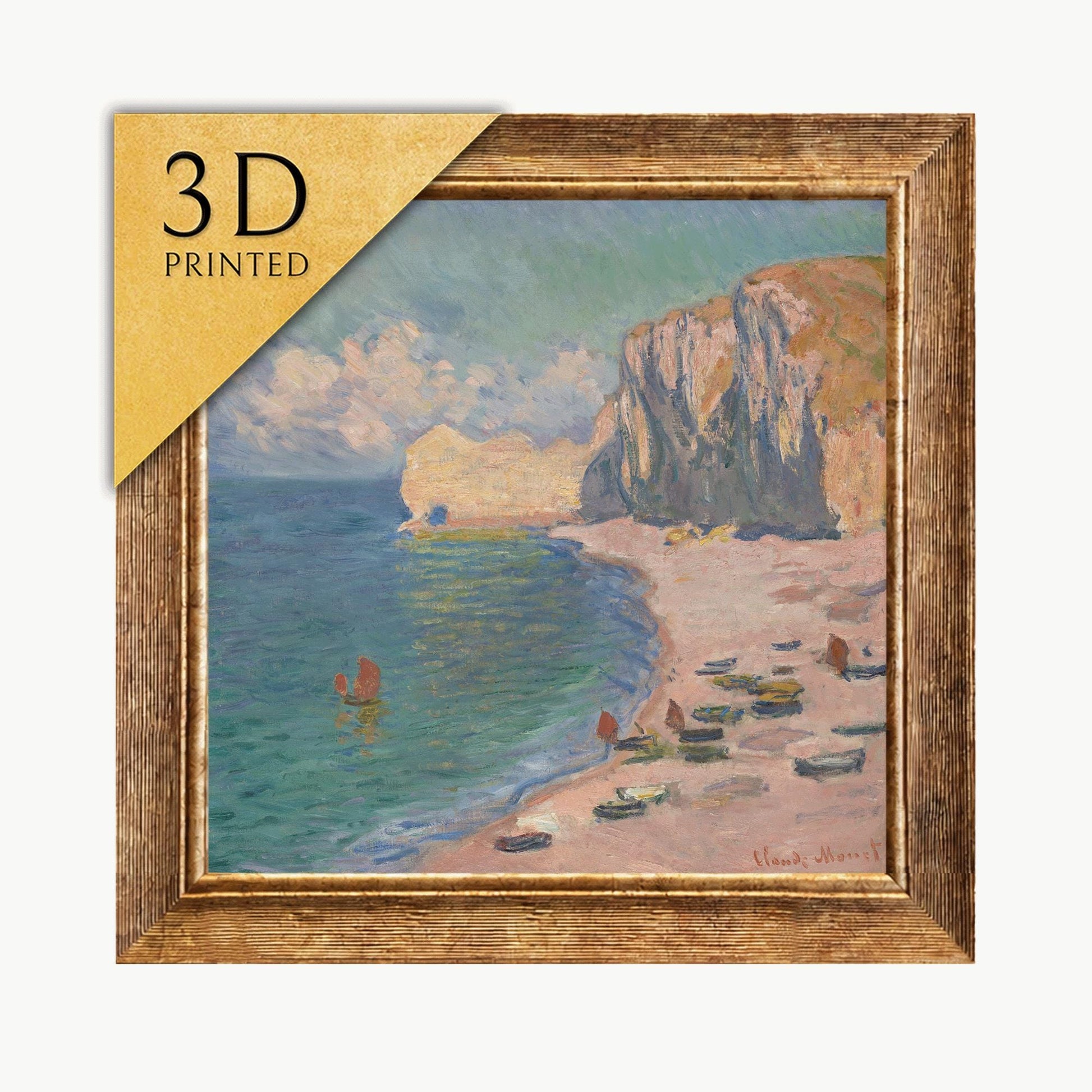 Monet Etretat Beach 3D Print: Textured Impressionist Art