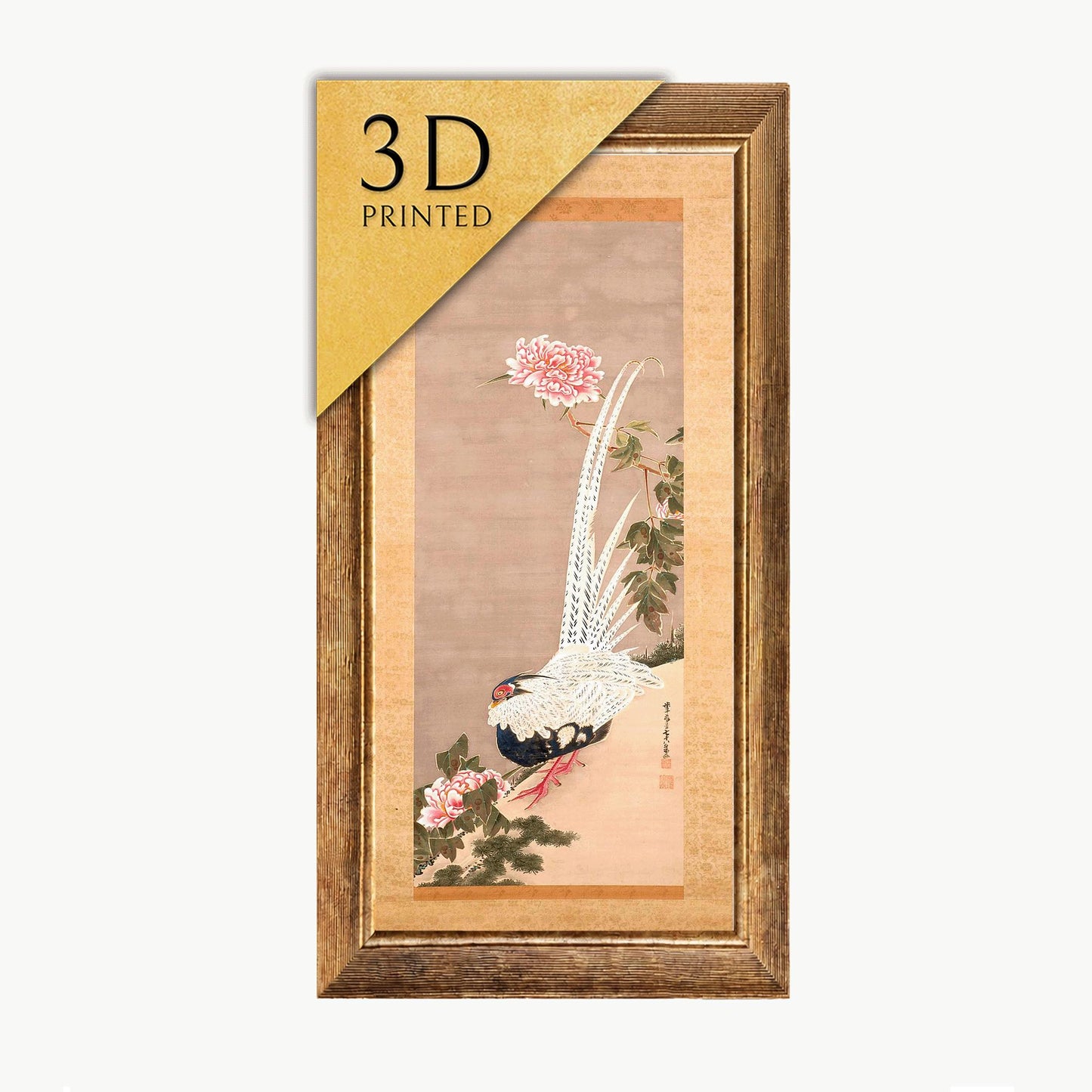 Ito Jakuchu Silver Pheasant and Peonies 3D Print: Textured Art