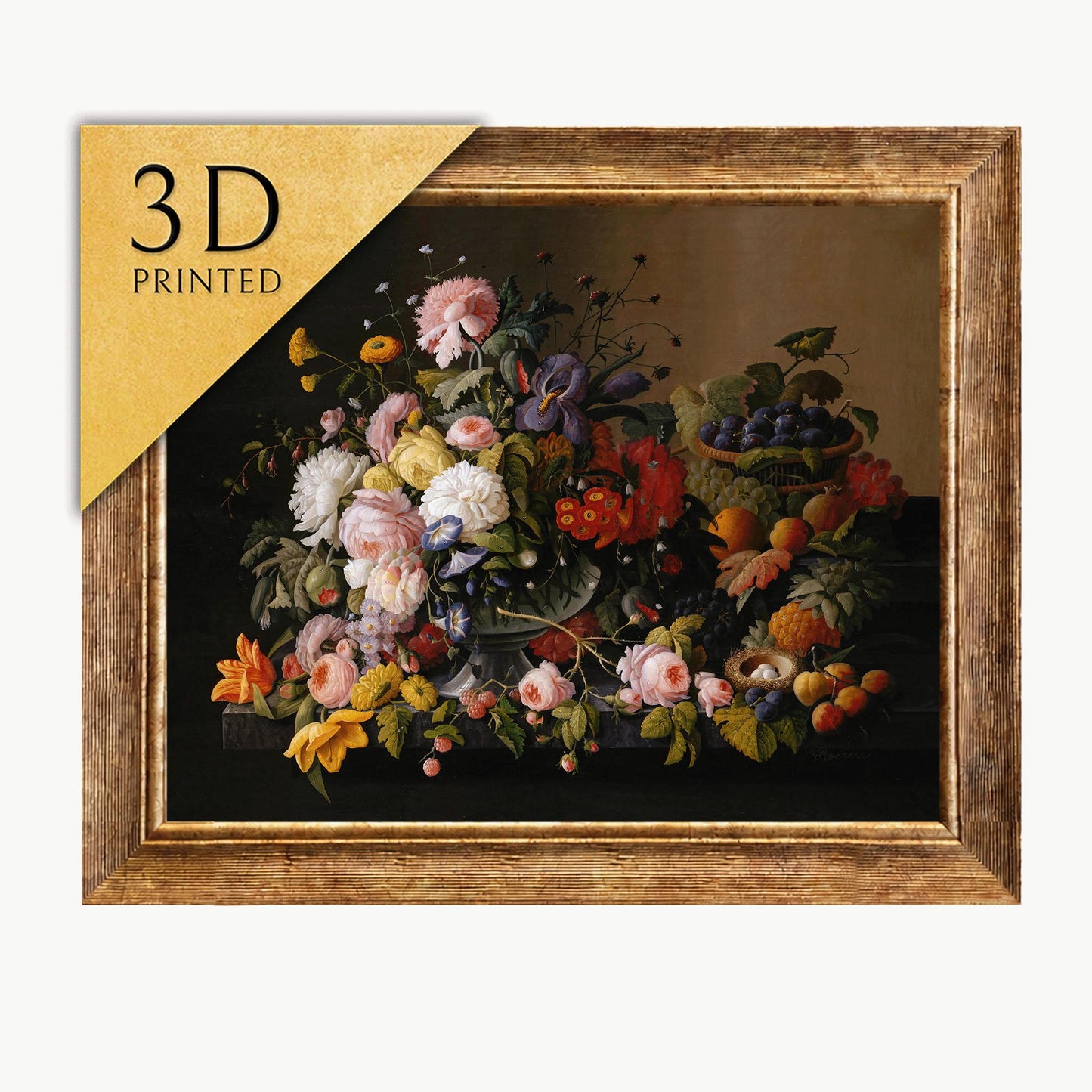 Severin Roesen Still Life Flowers & Fruit: 3D Textured Print