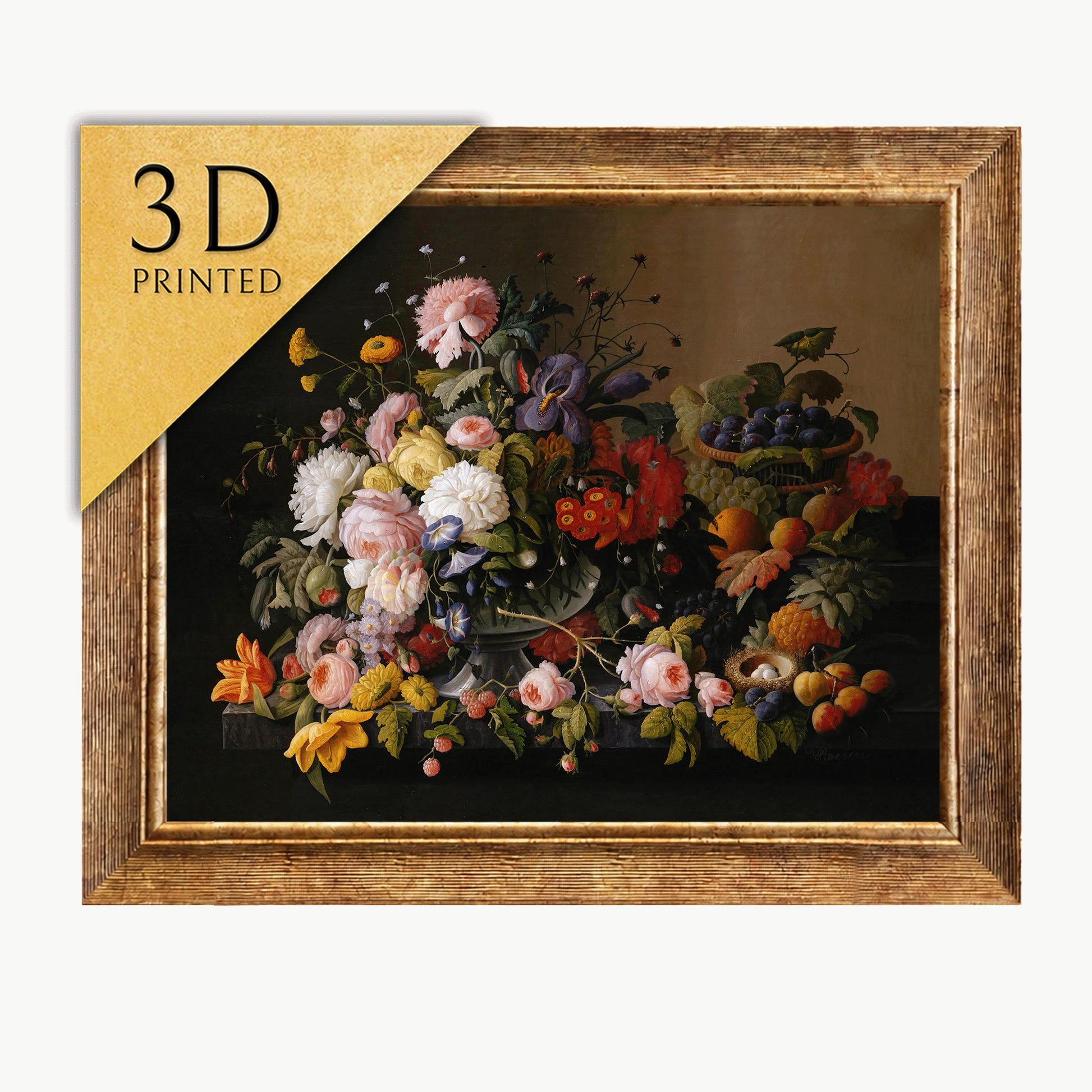 Severin Roesen Still Life Flowers & Fruit: 3D Textured Print