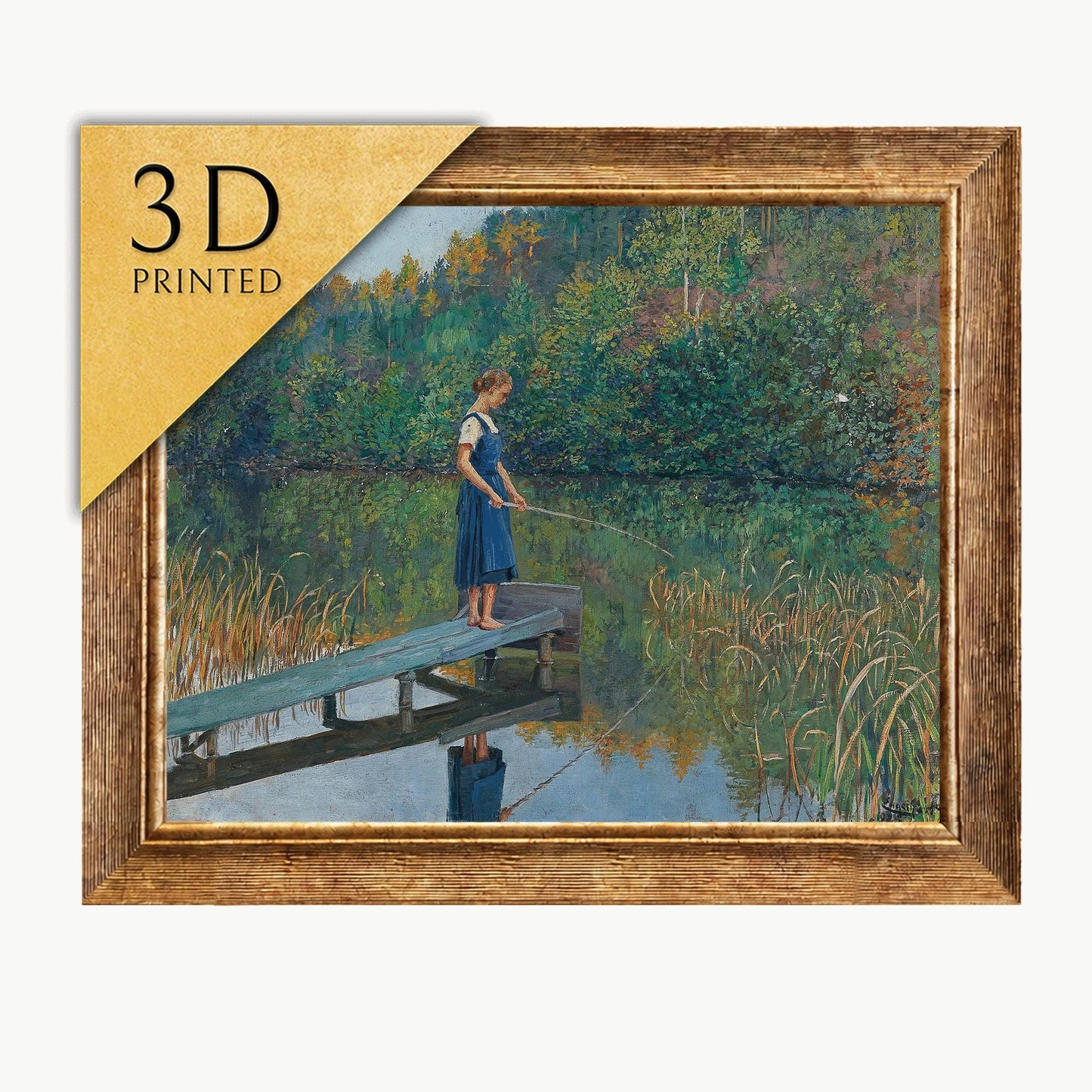 Josef Engelhart Painting: Girl Fishing on Jetty, 3D Textured Print