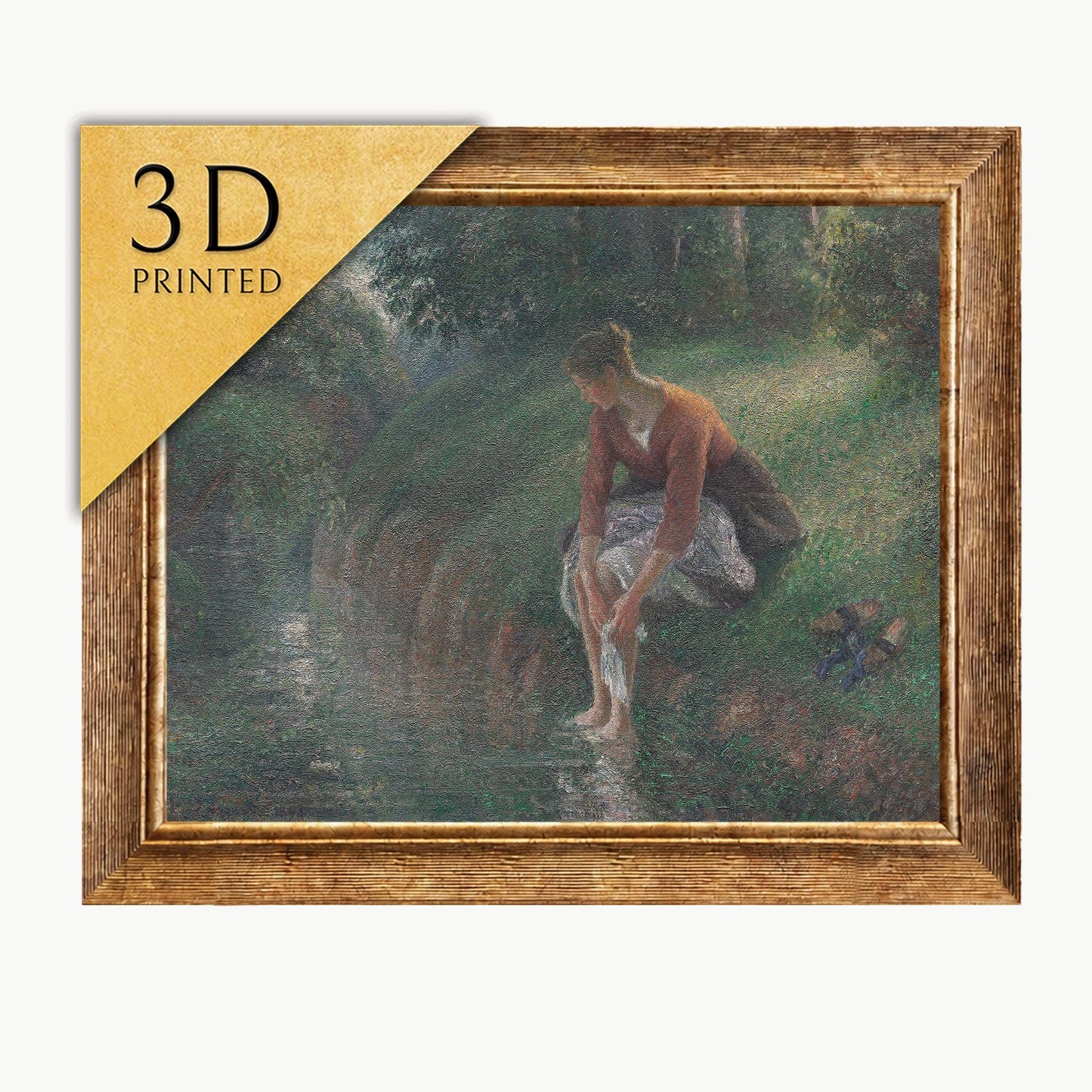 Camille Pissarro Print: Woman Bathing, 3D Textured Art