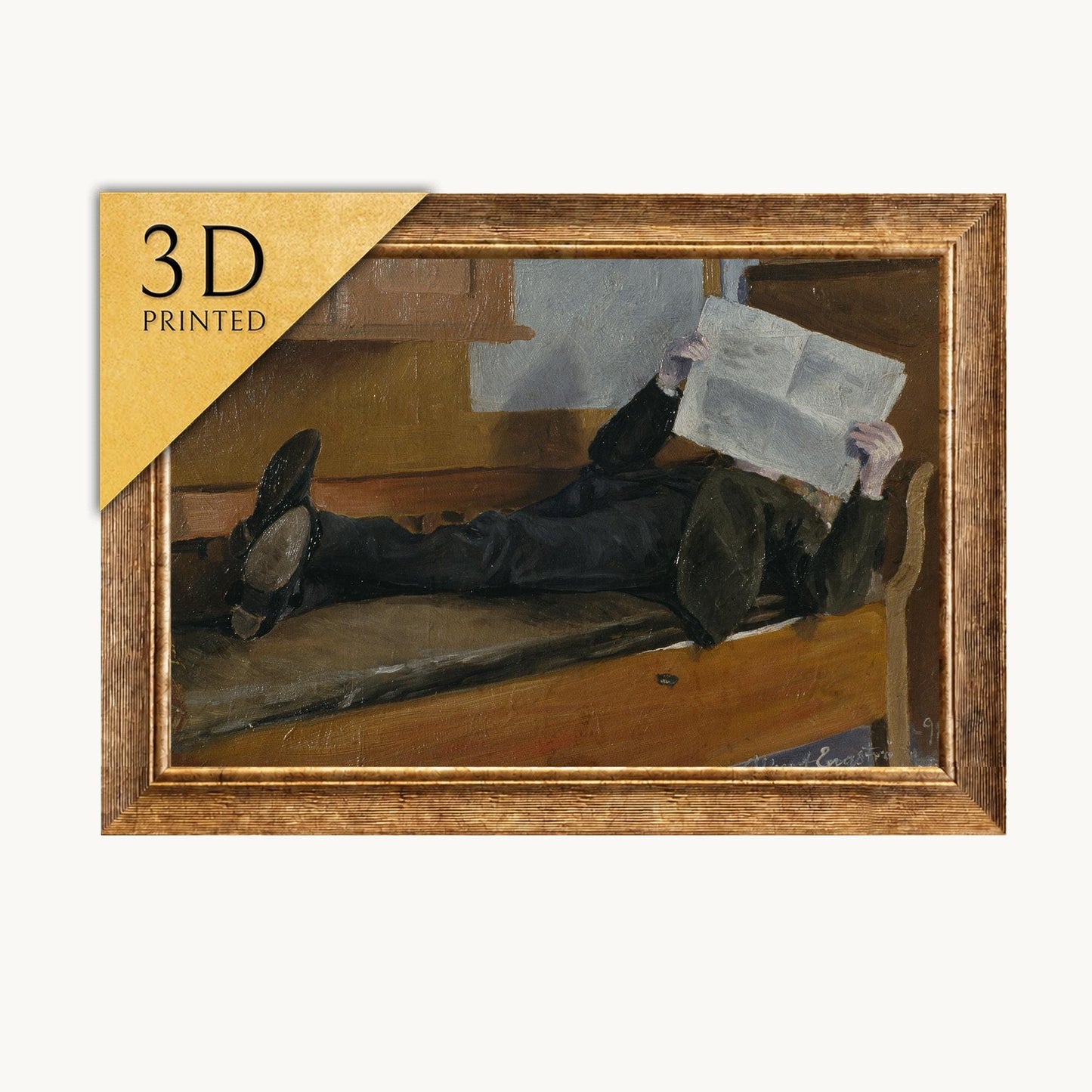 Albert Engström Print: Father Reading Newspaper, 3D Textured Art