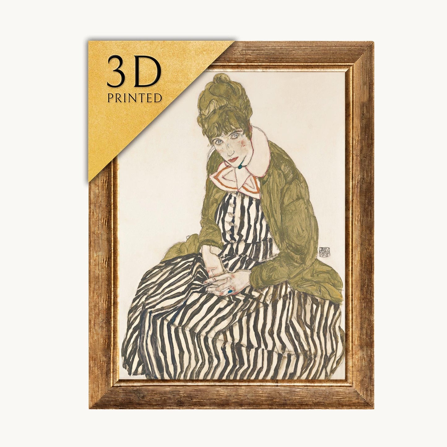 Egon Schiele Print: Edith with Striped Dress, 3D Textured Oil Painting